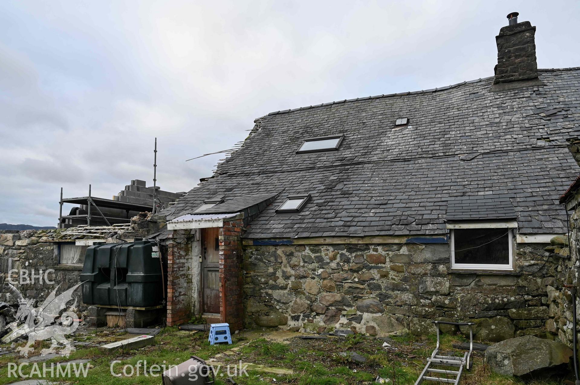 Tyddyn Mawr, exterior of farmhouse and southern kitchen extension from the south-east.