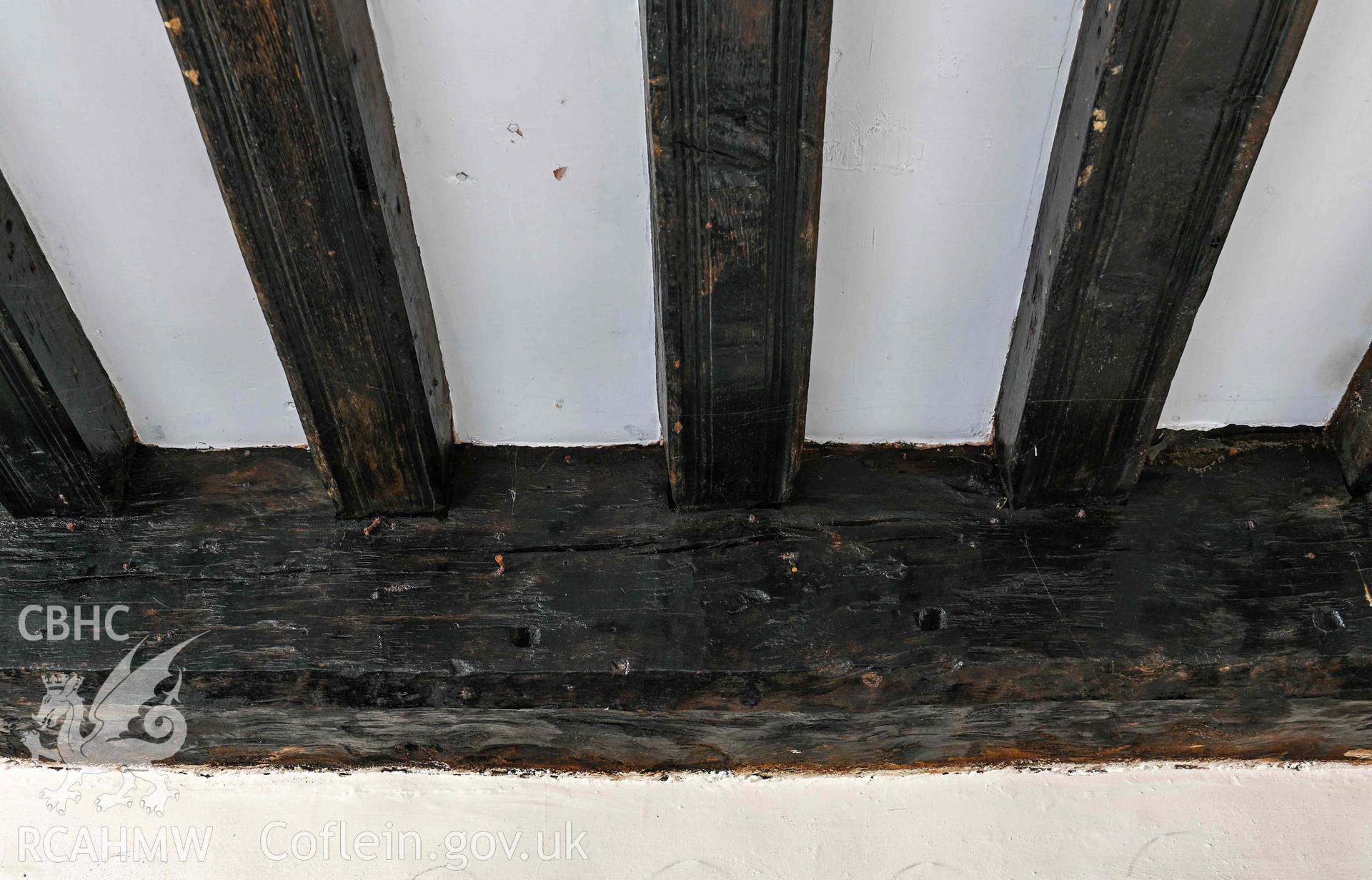Tyddyn Mawr, interior parlour (eastern room on ground floor) detail of ceiling beams.