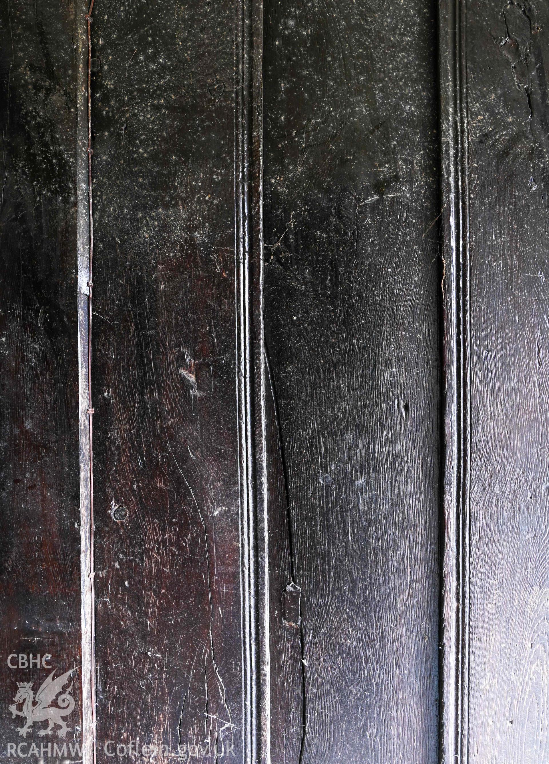 Tyddyn Mawr, interior hallway, detail of panelling forming western partition.