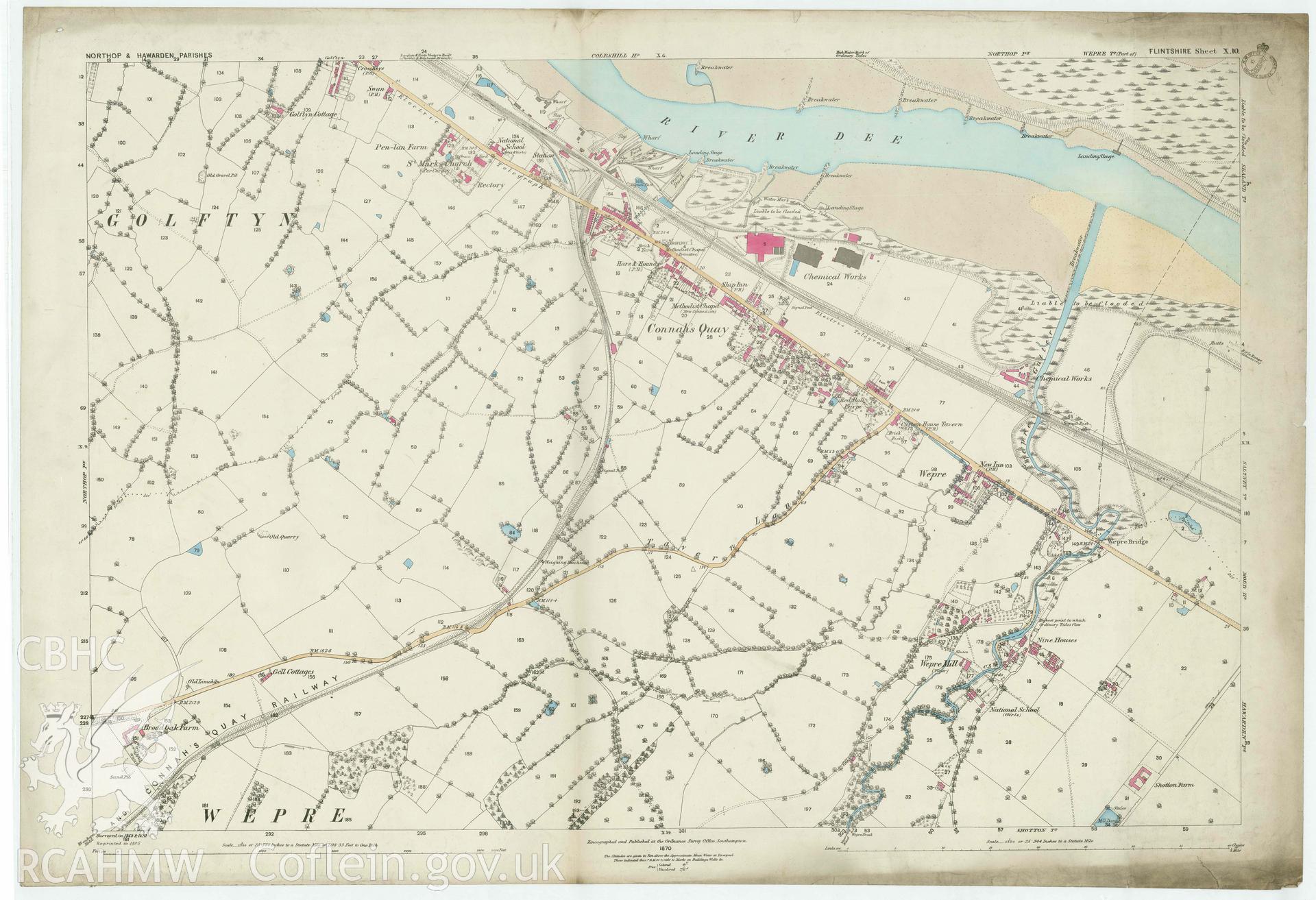 1st Edition Ordnance Survey Map (Colourised) showing Connah's Quay and surrounding area. Published in 1870. OS Sheet X.10.