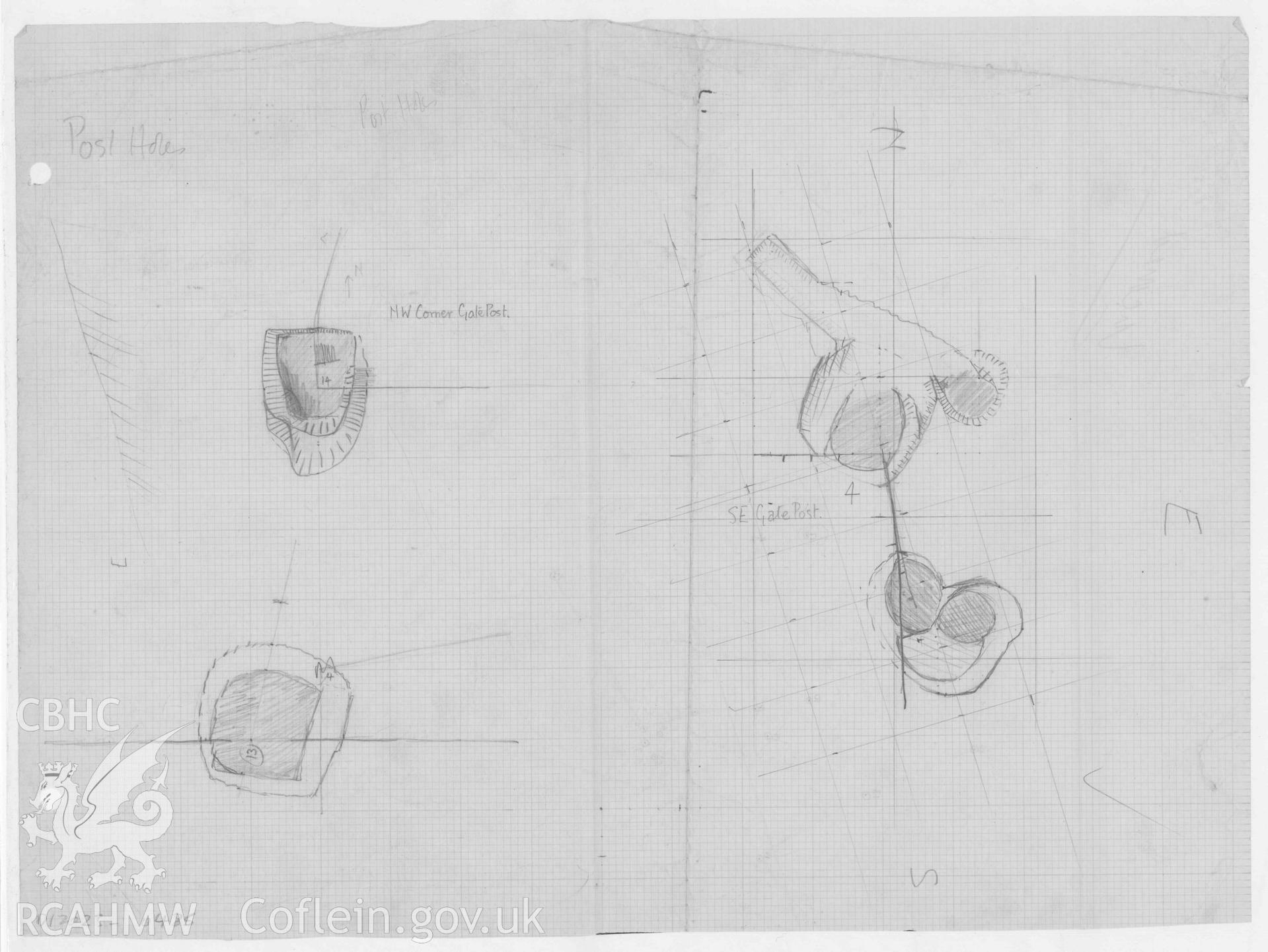 Digitised copy of hand drawn plan showing post holes including the north west corner gate post and the south east gate post. Original produced as part of 1930s excavation of Pen Dinas, Aberystwyth.
(PDEC_08_03_15 is reverse of this page)