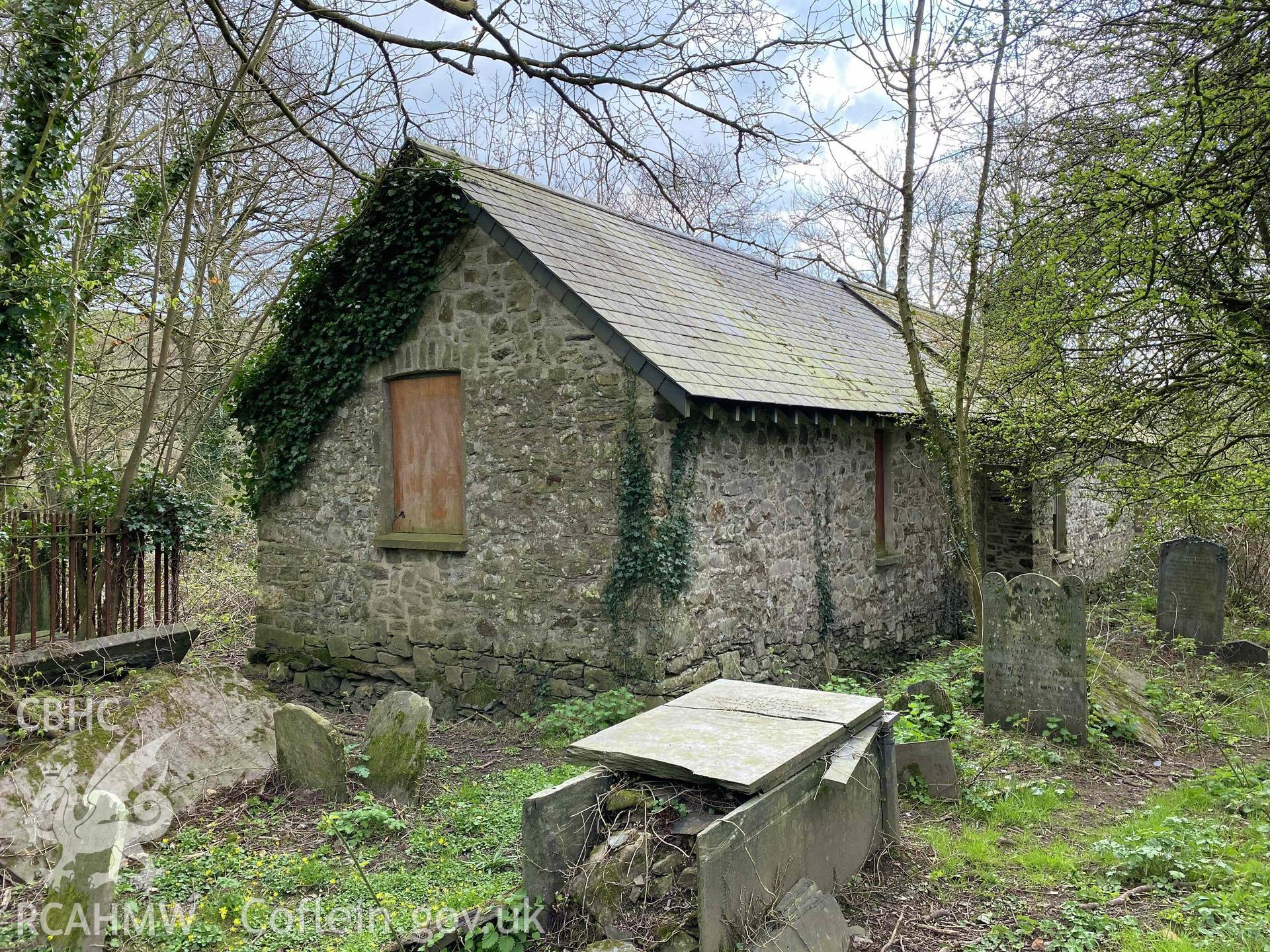 Digital photograph showing rear exterior of St Justinian's Church, Llanstinian, produced by Paul Davis in 2020