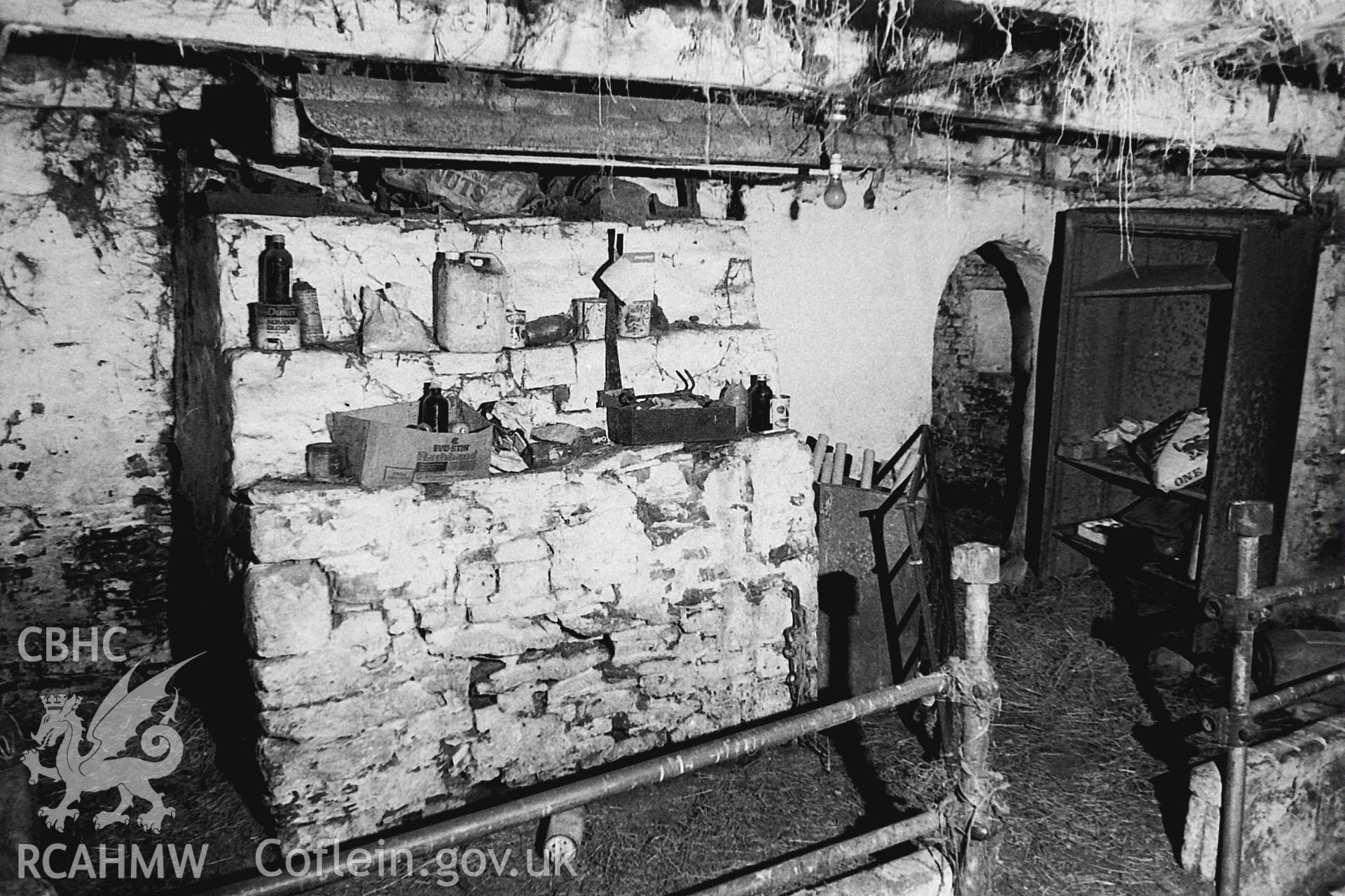 Digitised black and white photograph showing cross passage in cowshed at Tyntyle. Produced by Paul Davis in 1984