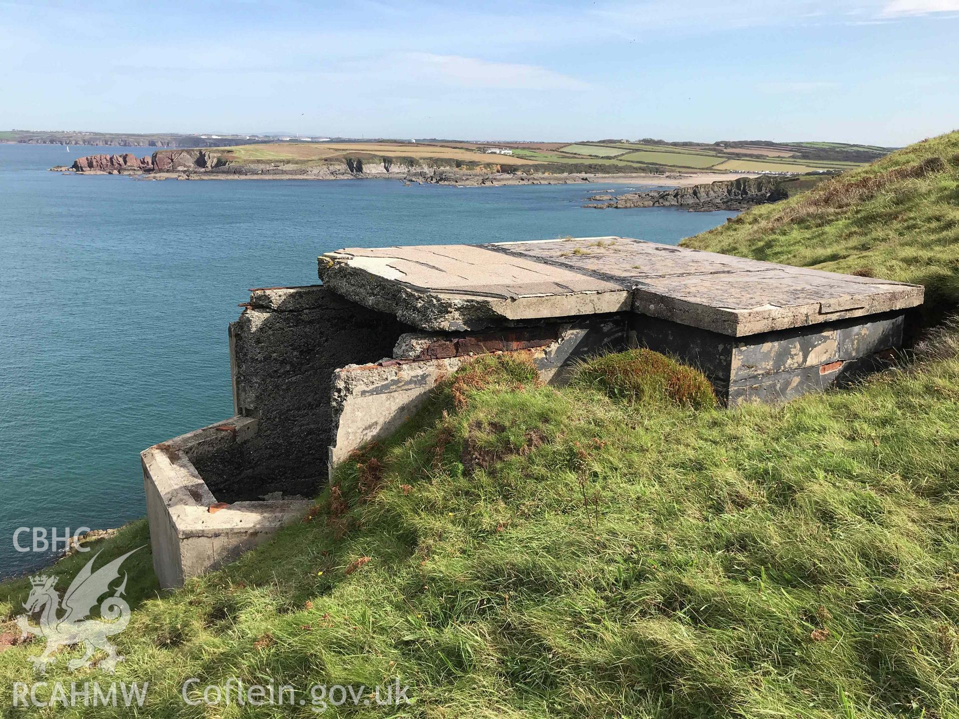 Digital photograph showing roof of searchlight emplacement at the East Blockhouse of boom defence, Angle, produced by Paul Davis in 2020