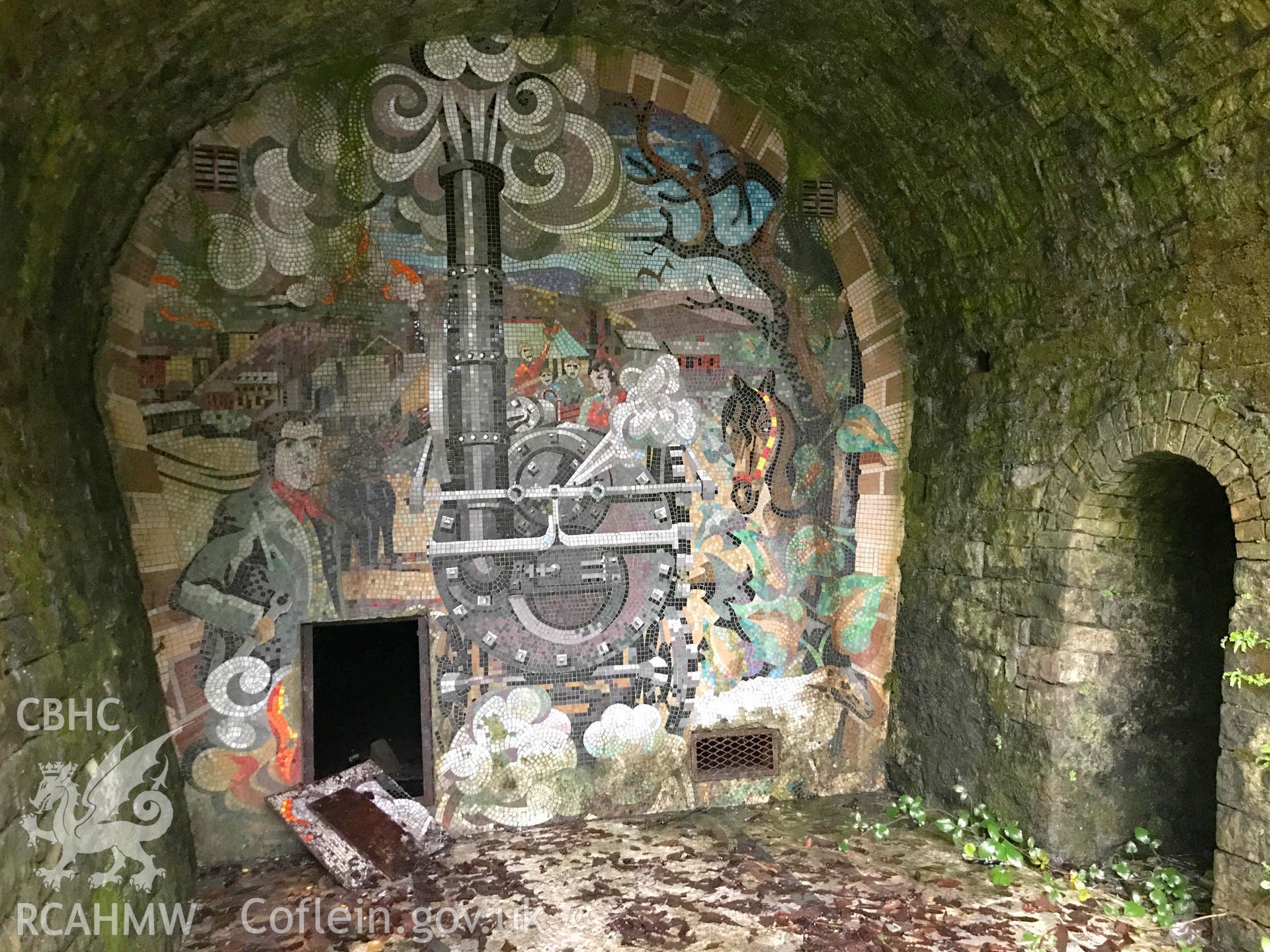 Digital photograph showing mural inside Trevithick's Tunnel. Produced by Paul Davis in 2020