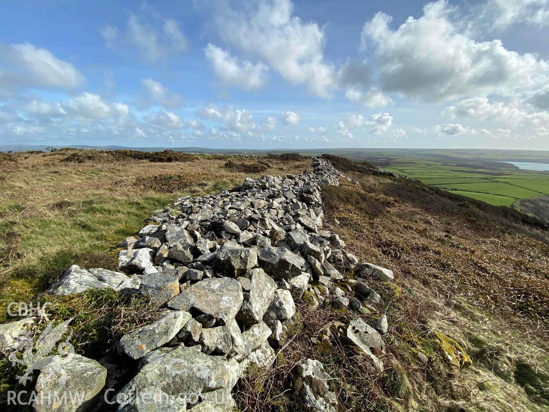 Digital photograph showing detailed view of stony bank at Garn Fawr camp, produced by Paul Davis in 2020