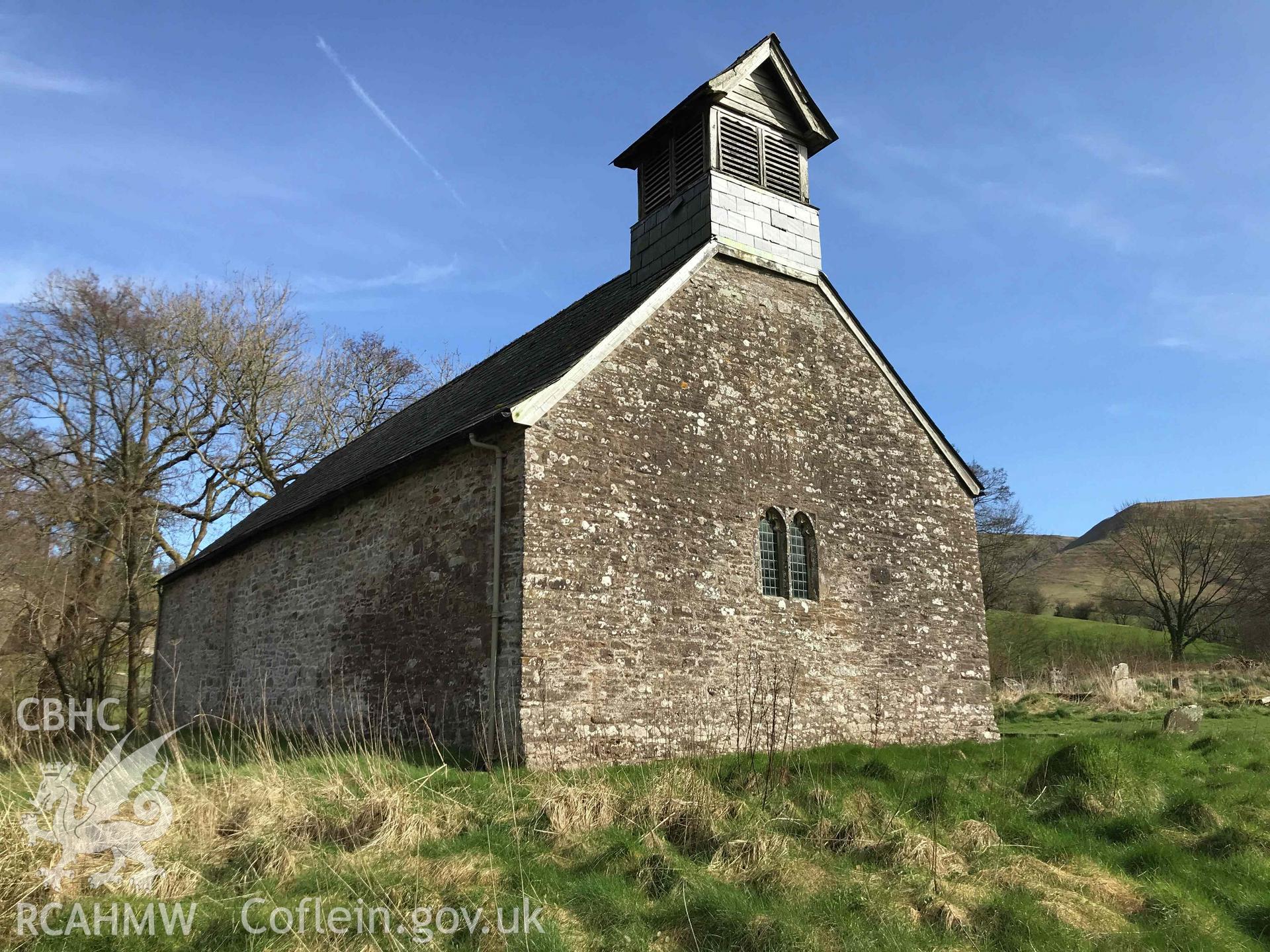 Digital photograph showing side elevation of St Ellyw's Church, Llanelieu, produced by Paul Davis in 2020