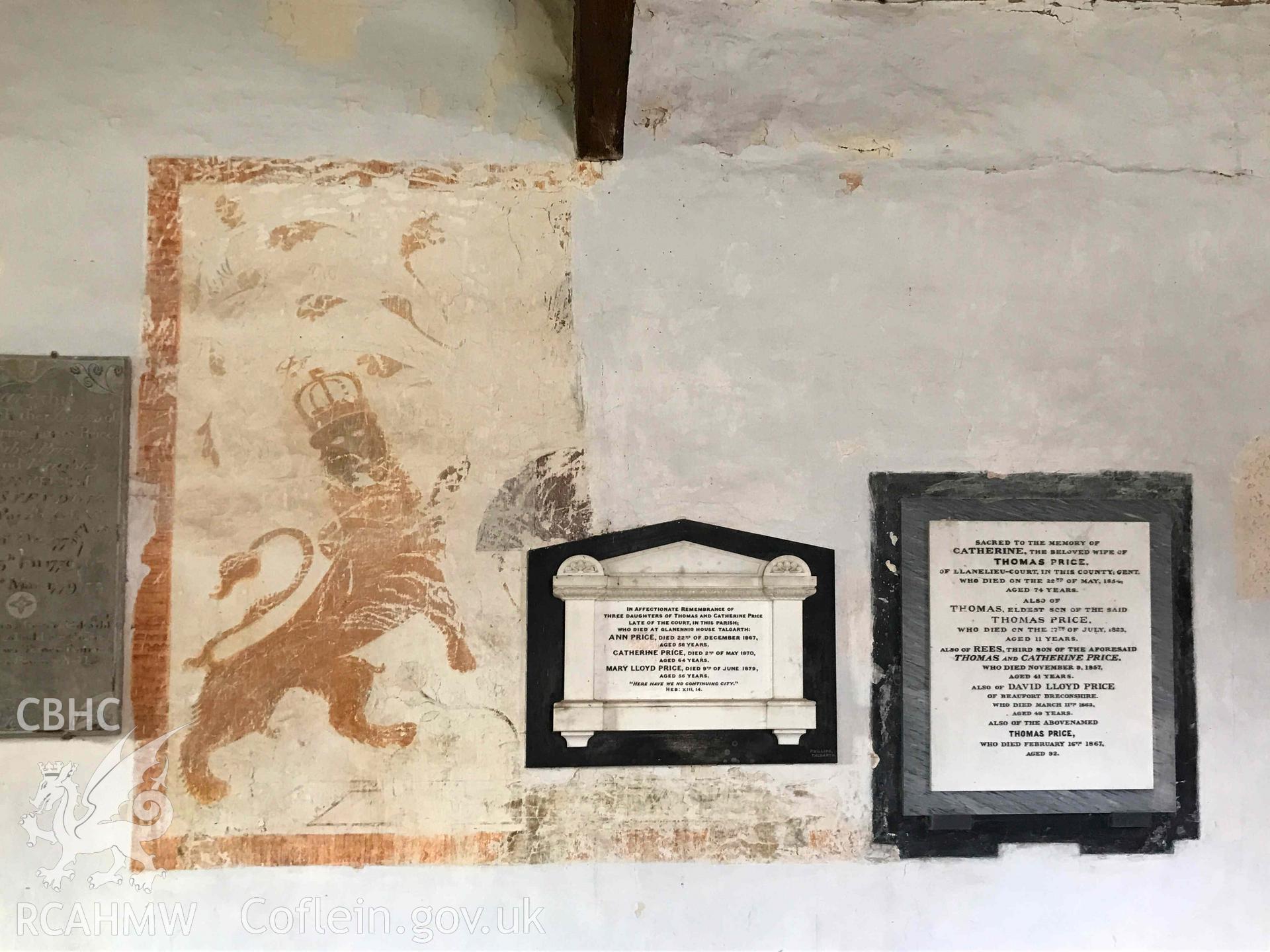 Digital photograph showing wall painting and memorial at St Ellyw's Church, Llanelieu, produced by Paul Davis in 2020