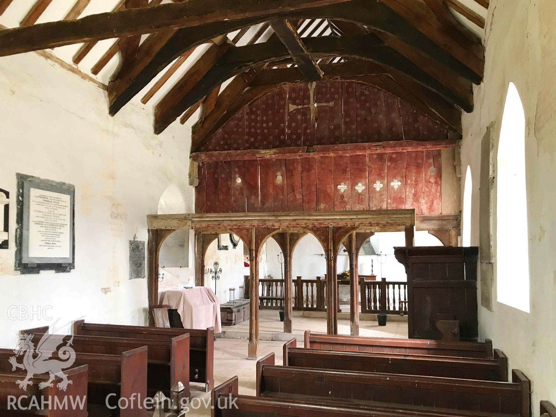 Digital photograph showing rood screen at St Ellyw's Church, Llanelieu, produced by Paul Davis in 2020