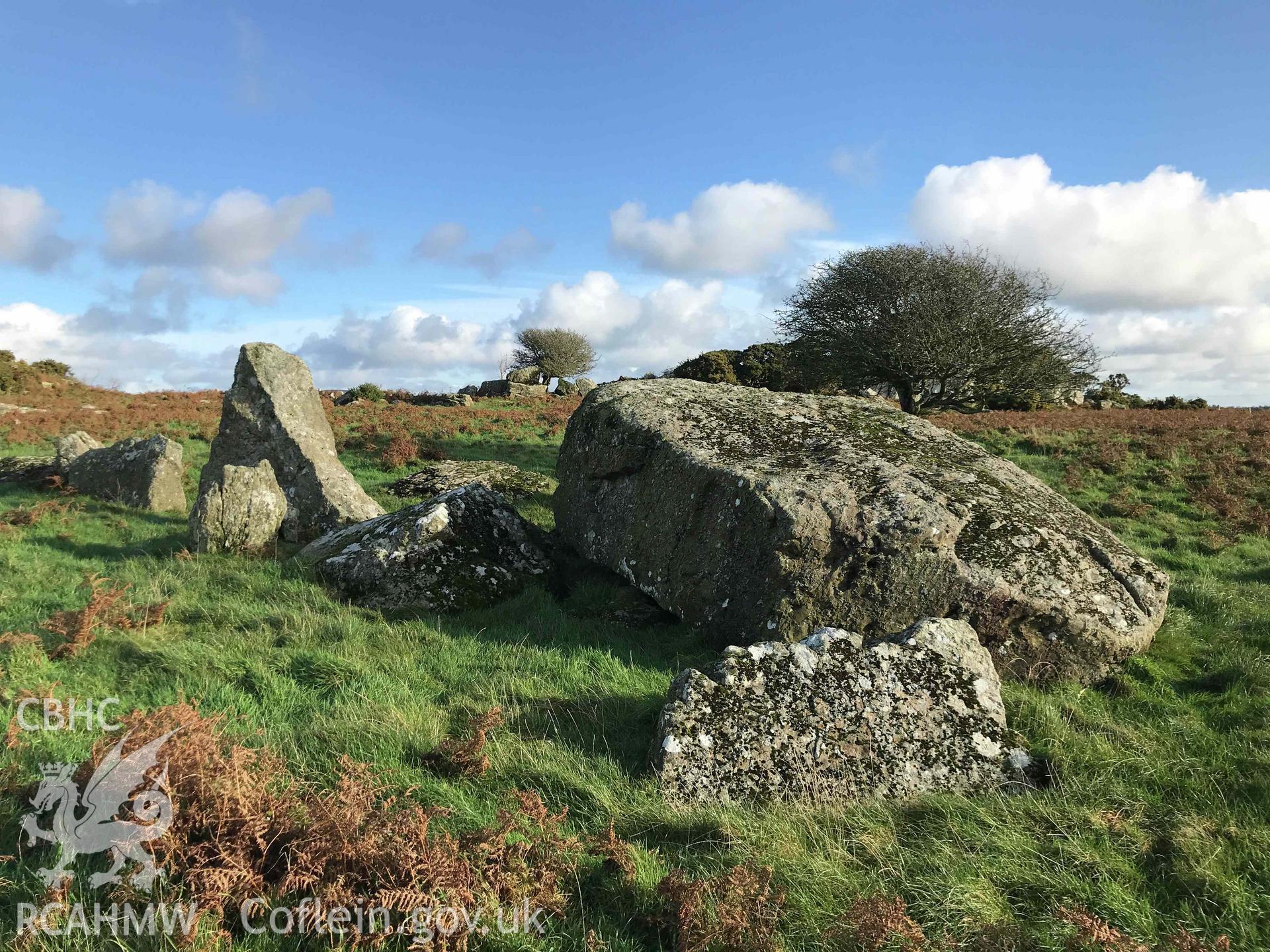 Digital photograph showing detailed view of Carn Turne chambered tomb, produced by Paul Davis in 2020