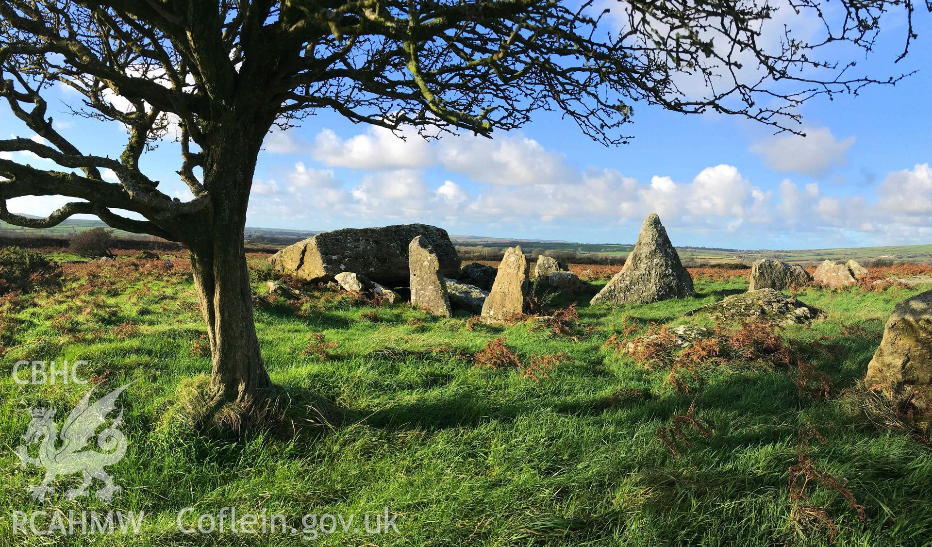 Digital photograph showing general view of Carn Turne chambered tomb, produced by Paul Davis in 2020