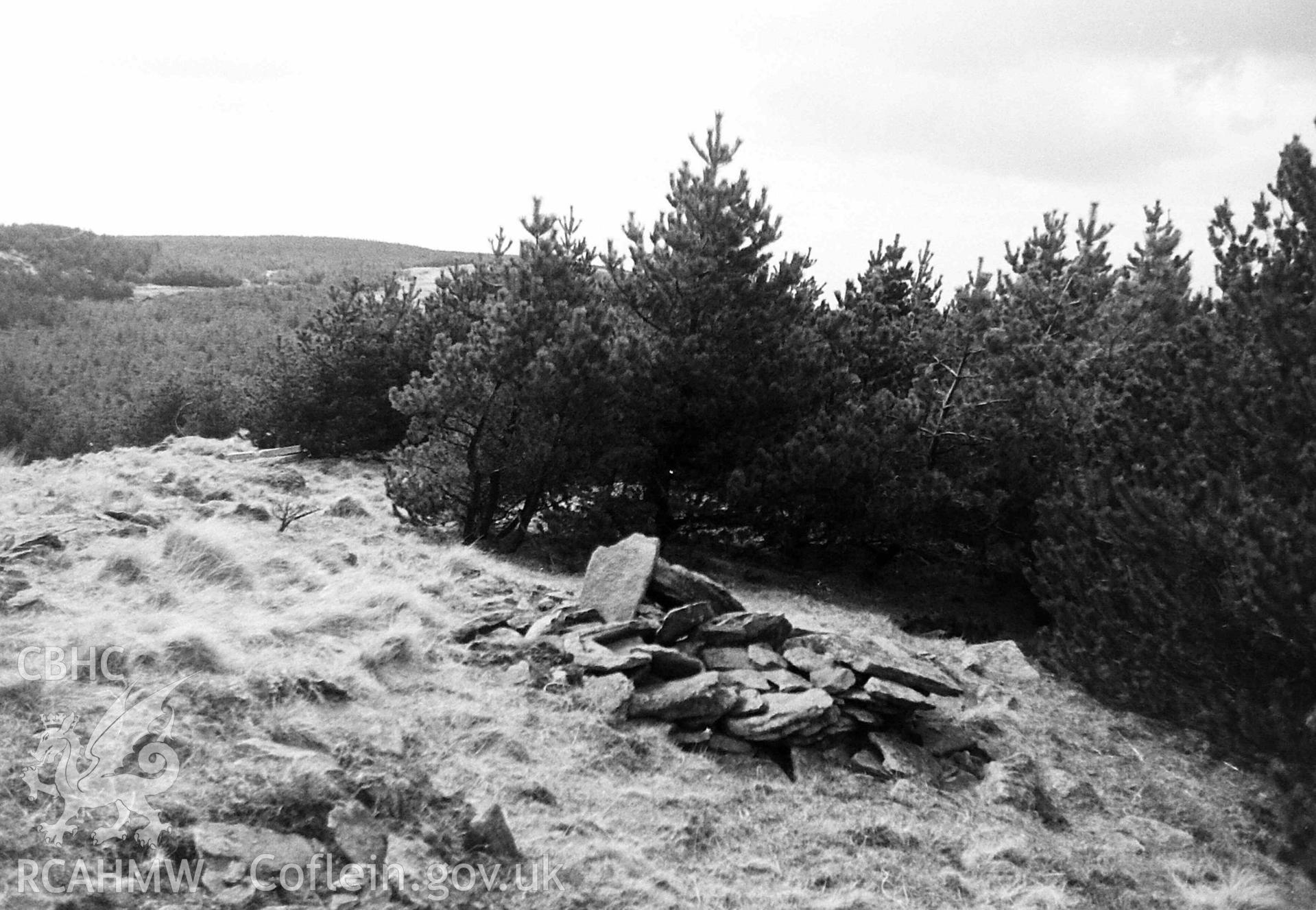 Digitised black and white photograph of Craig-y-Pant cairn, produced by Paul Davis in 1984