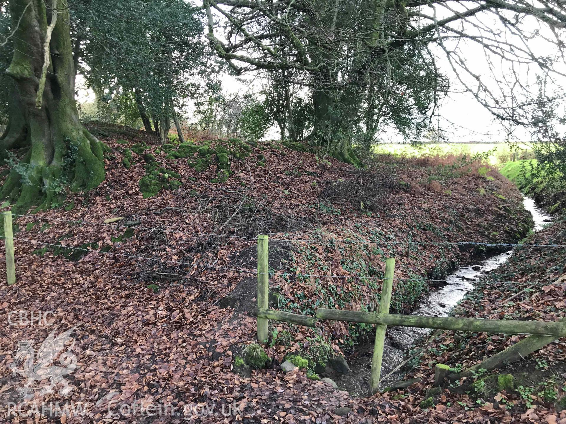 Digital photograph of outer ditch at Cas Troggy Castle, produced by Paul Davis in 2020
