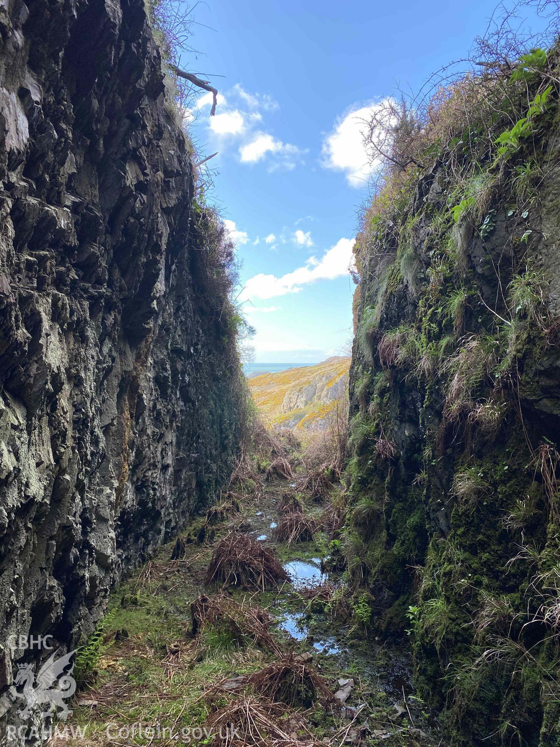 Digital photograph of view looking out from Pwll Deri coastal quarries, produced by Paul Davis in 2020