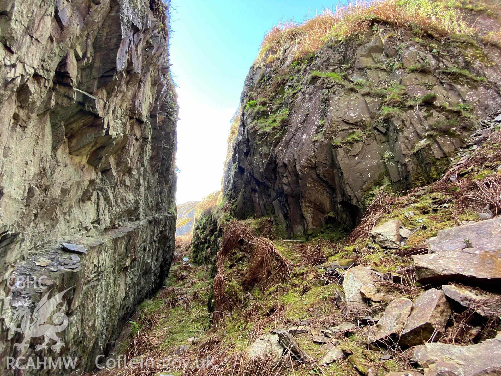 Digital photograph showing detailed view of Pwll Deri coastal quarries, produced by Paul Davis in 2020