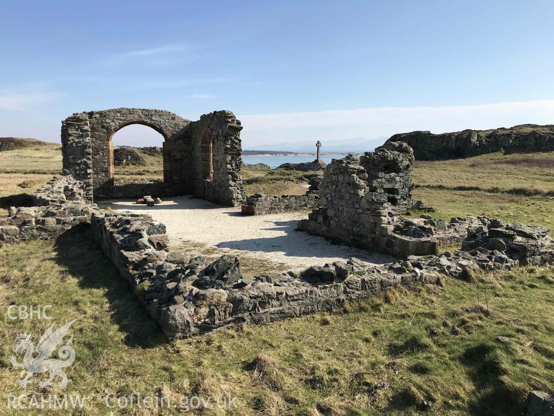 Digital photograph showing remains of St Dwynwen's Church, Llanddwyn. Produced by Paul Davis in 2020