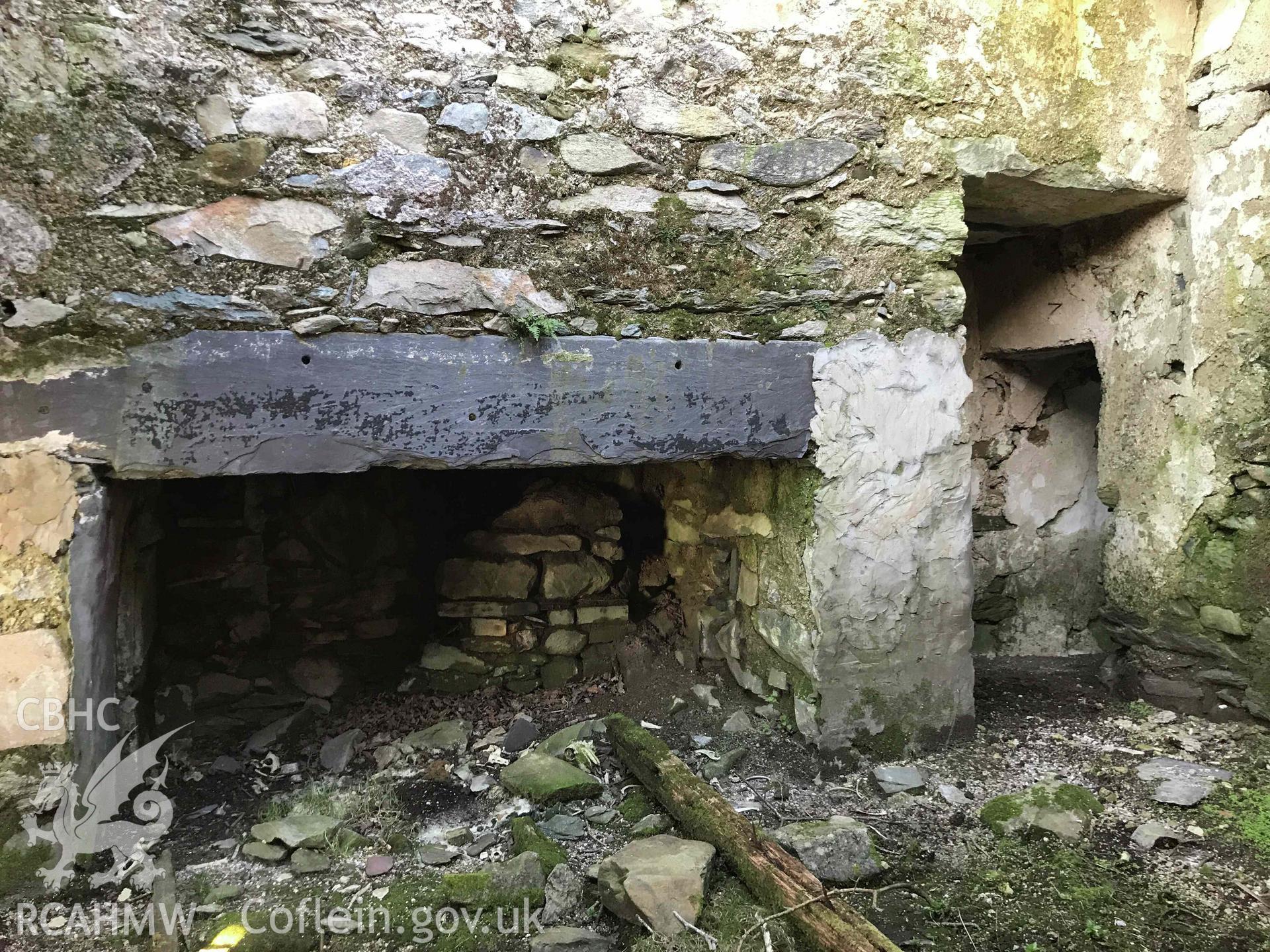 Digital photograph showing hearth of Bryn-brith, a cottage at Dinorwig deserted settlement, produced by Paul Davis in 2020