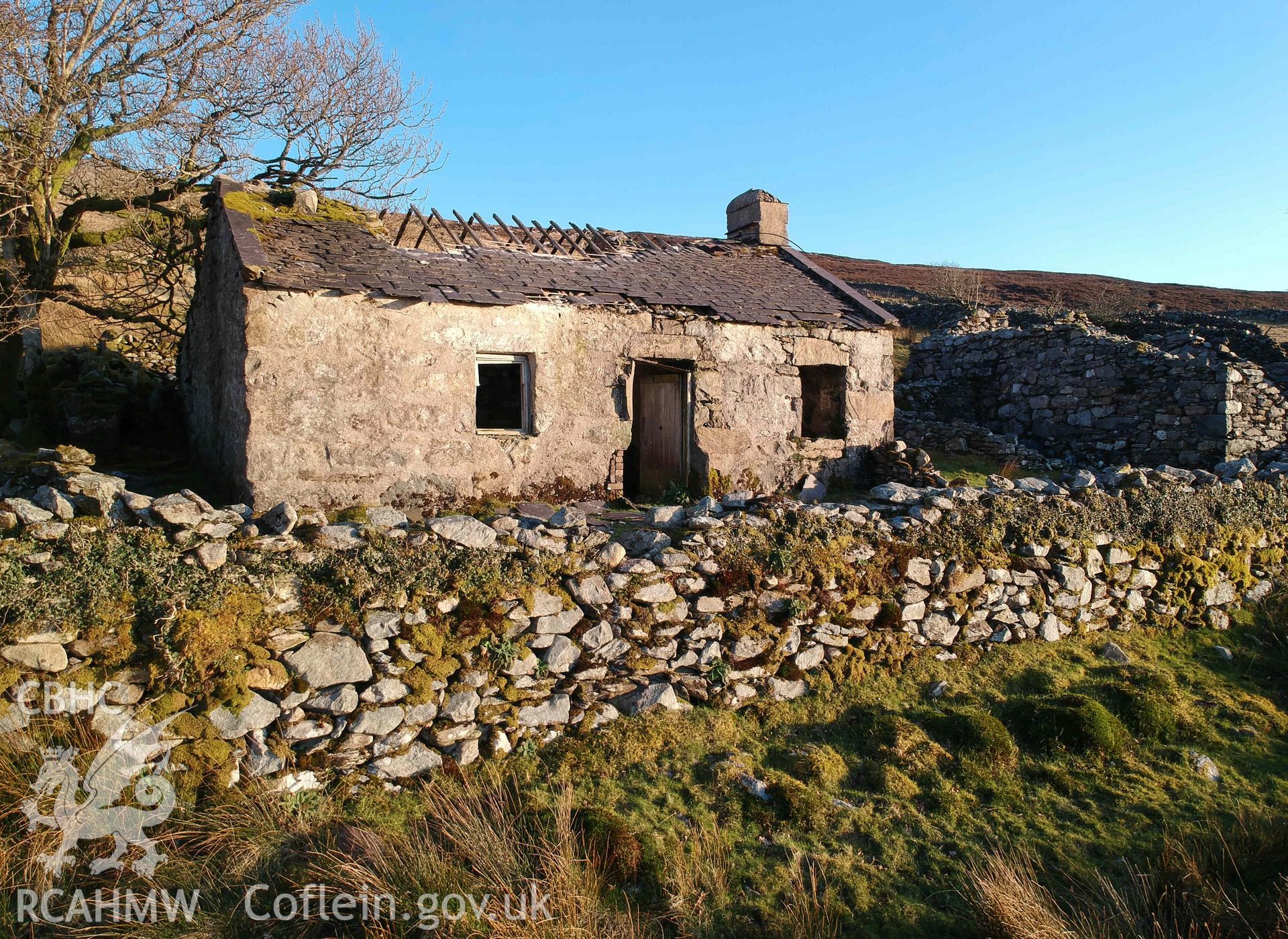 Digital photograph showing front elevation of Bryn-brith, a cottage at Dinorwig deserted settlement, produced by Paul Davis in 2020
