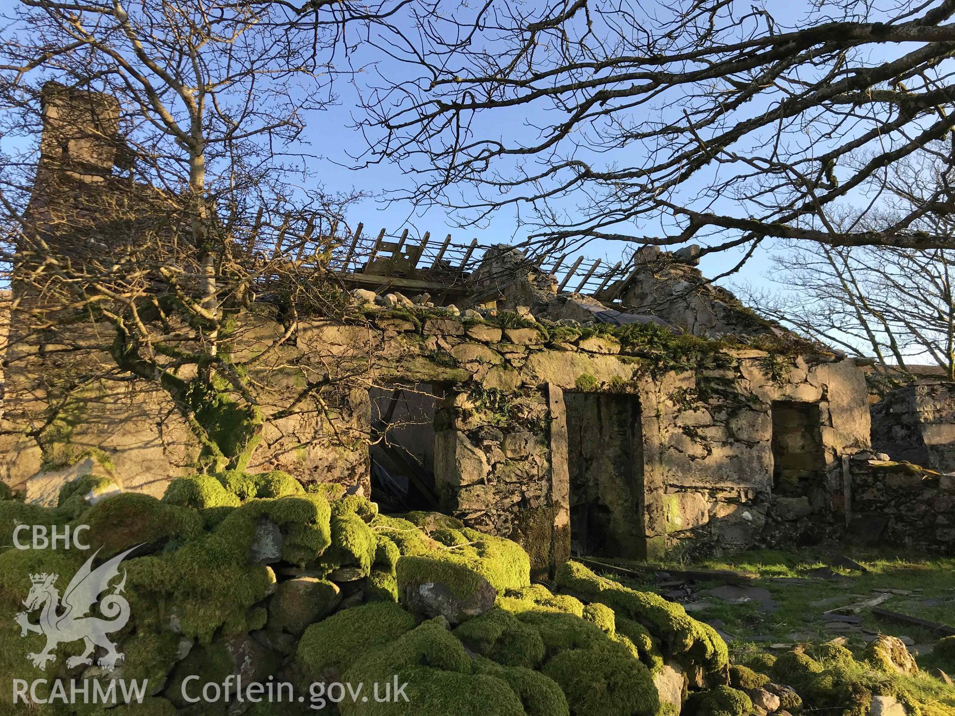 Digital photograph showing front elevation of Cae'r Gors, a cottage at Dinorwig deserted settlement, produced by Paul Davis in 2020