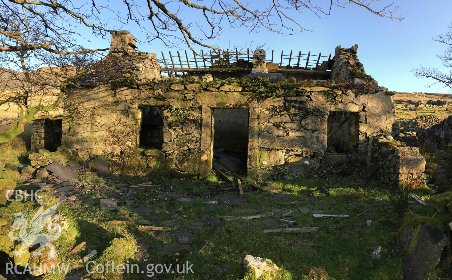 Digital photograph showing front elevation and front yard of Cae'r Gors, a cottage at Dinorwig deserted settlement, produced by Paul Davis in 2020
