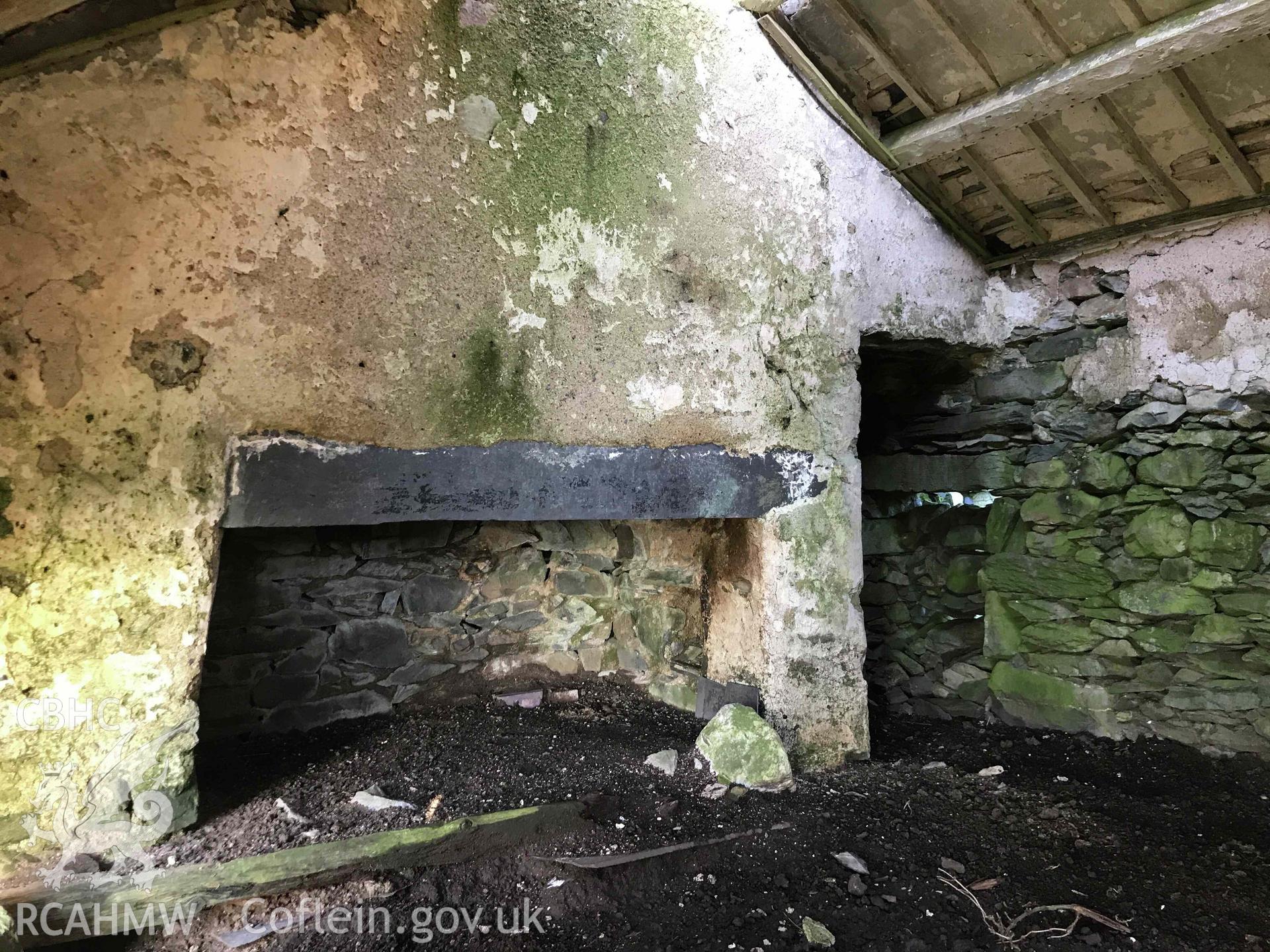 Digital photograph showing hearth of Cerrig-y-Nyth, a cottage at Dinorwig deserted settlement, produced by Paul Davis in 2020