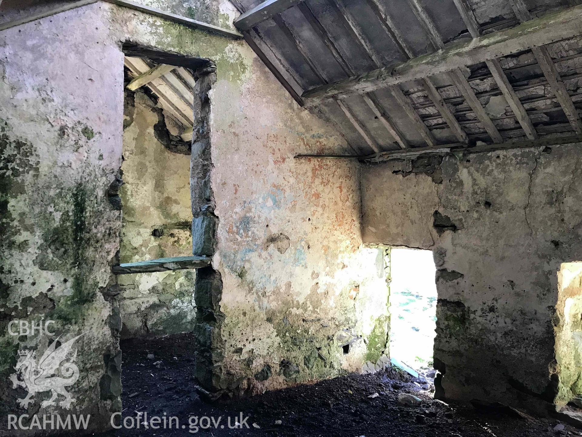 Digital photograph showing interior of Cerrig-y-Nyth, a cottage at Dinorwig deserted settlement, produced by Paul Davis in 2020
