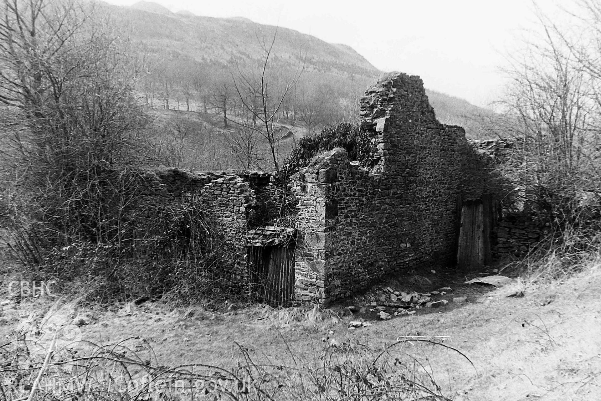 Digitised black and white photograph showing remains of Melin yr Hom. Produced by Paul Davis in 1984