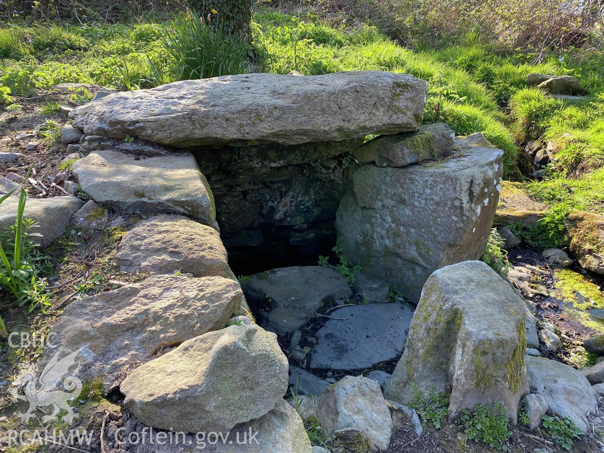 Digital photograph showing detailed view of entrance of Llanwnda well, produced by Paul Davis in 2020