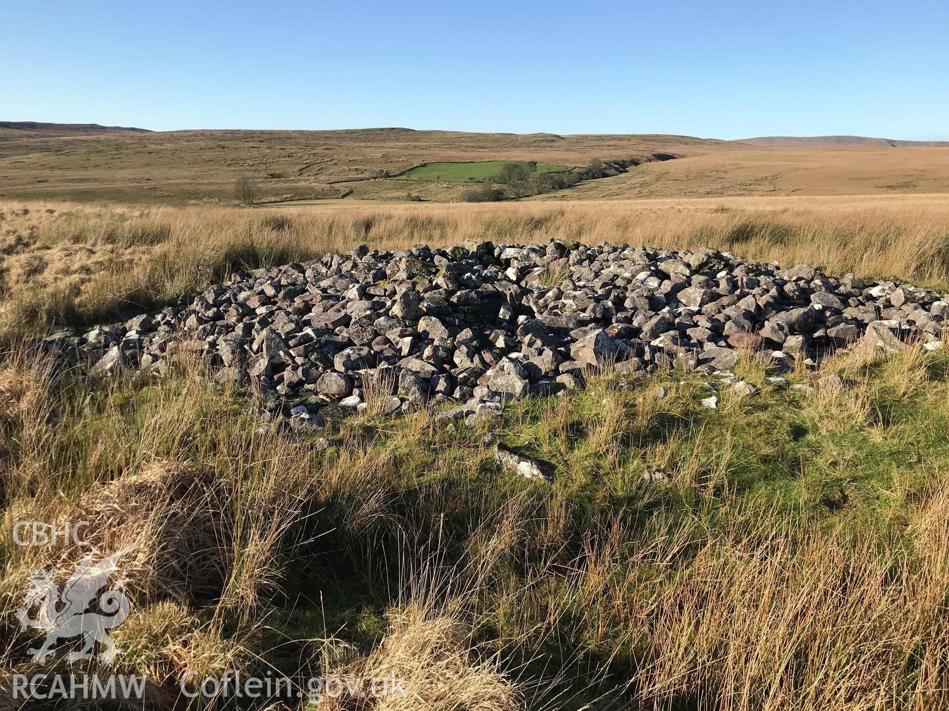 Digital photograph of Cairn 'E' round barrow at Cefn Esgair-Carnau. Produced by Paul Davis in 2020