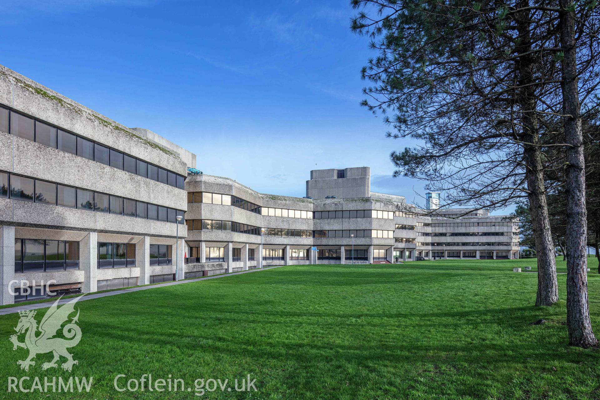 Digital colour photograph showing external view of Swansea Civic Centre taken by Derek Phillips for RCAHMW in 2022 - West Wing.