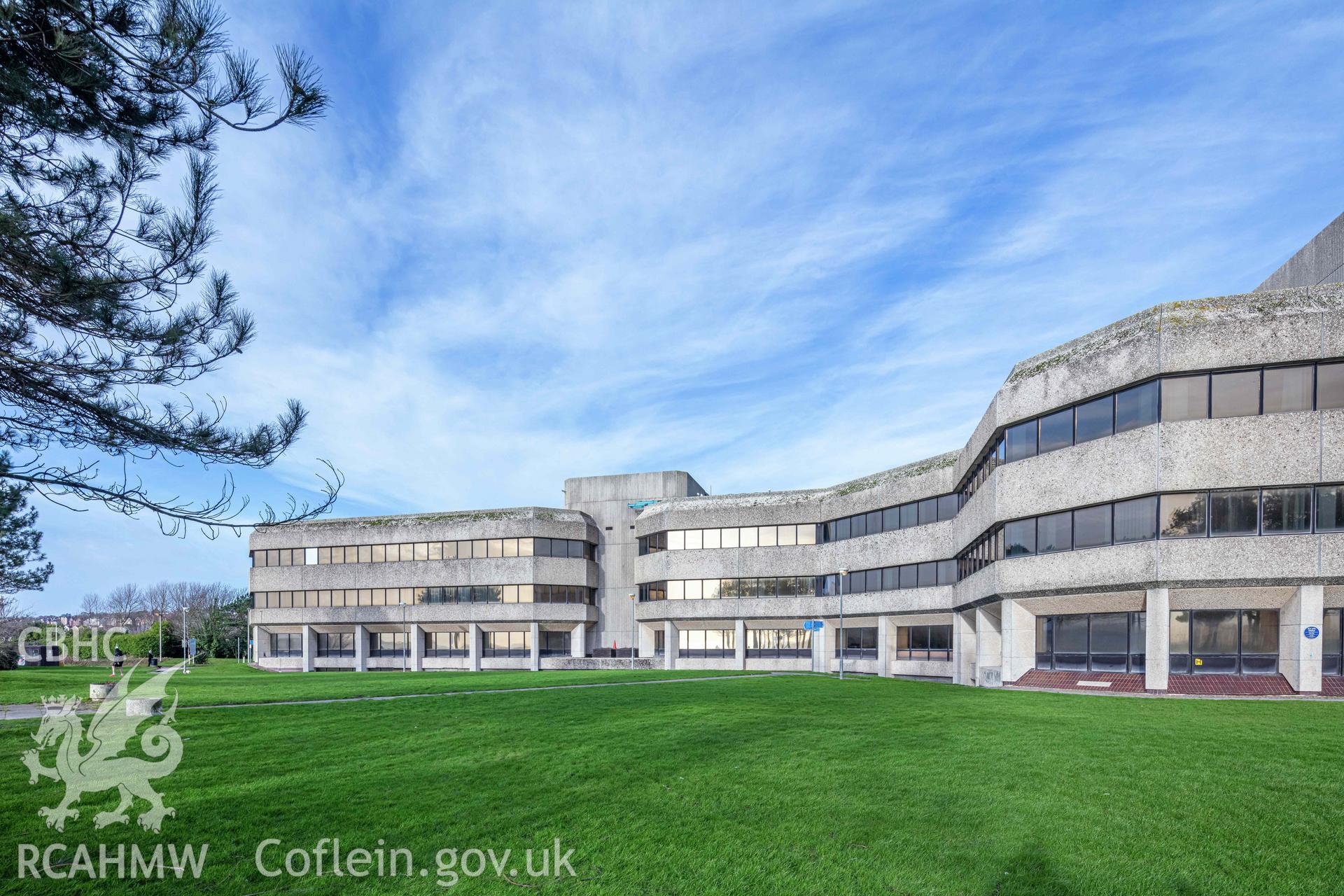 Digital colour photograph showing external view of Swansea Civic Centre taken by Derek Phillips for RCAHMW in 2022 - Central Area to West Wing.