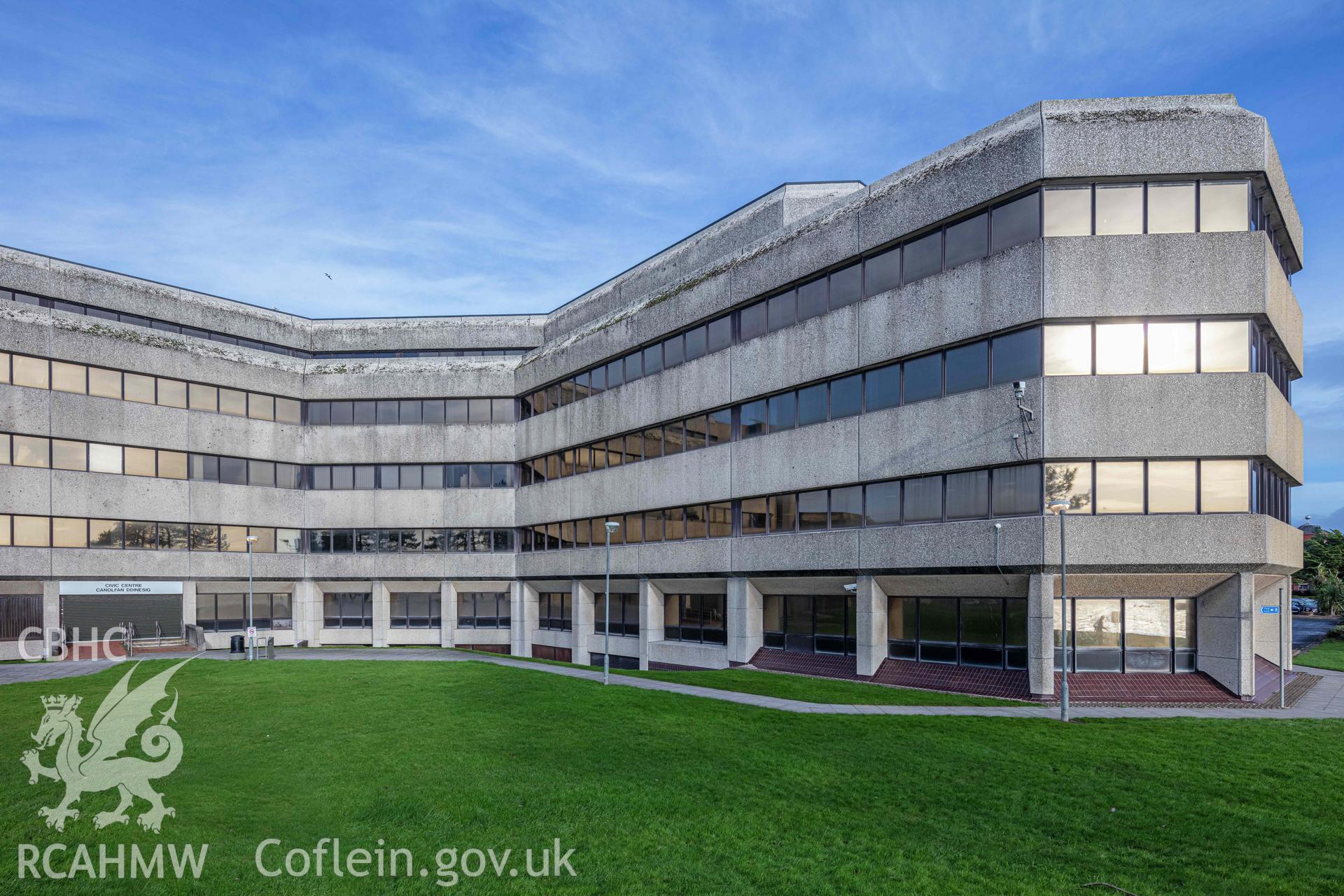 Digital colour photograph showing external view of Swansea Civic Centre taken by Derek Phillips for RCAHMW in 2022 - South Wing (east).