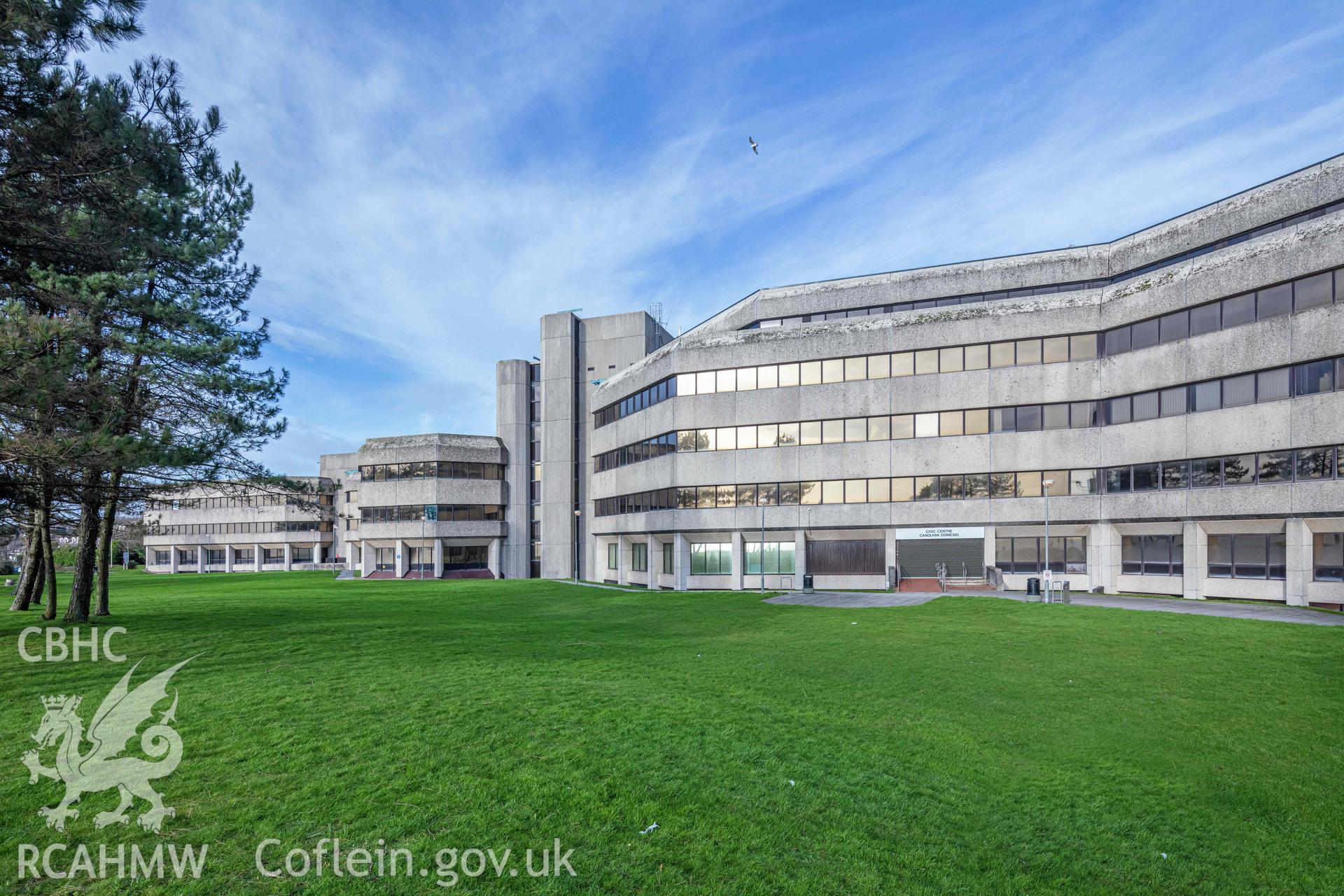 Digital colour photograph showing external view of Swansea Civic Centre taken by Derek Phillips for RCAHMW in 2022 - Central Area.
