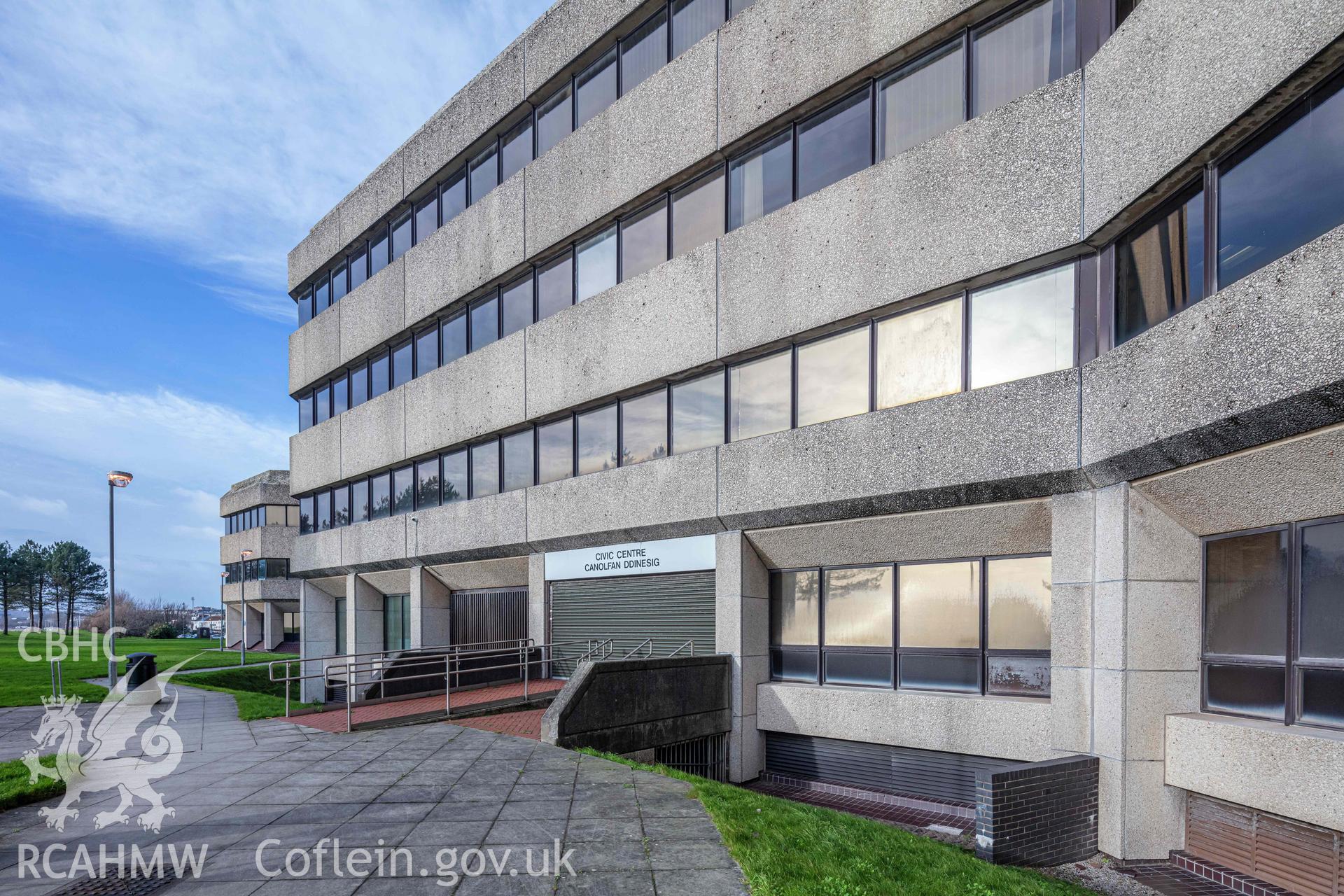 Digital colour photograph showing external view of Swansea Civic Centre taken by Derek Phillips for RCAHMW in 2022 - Central Area.