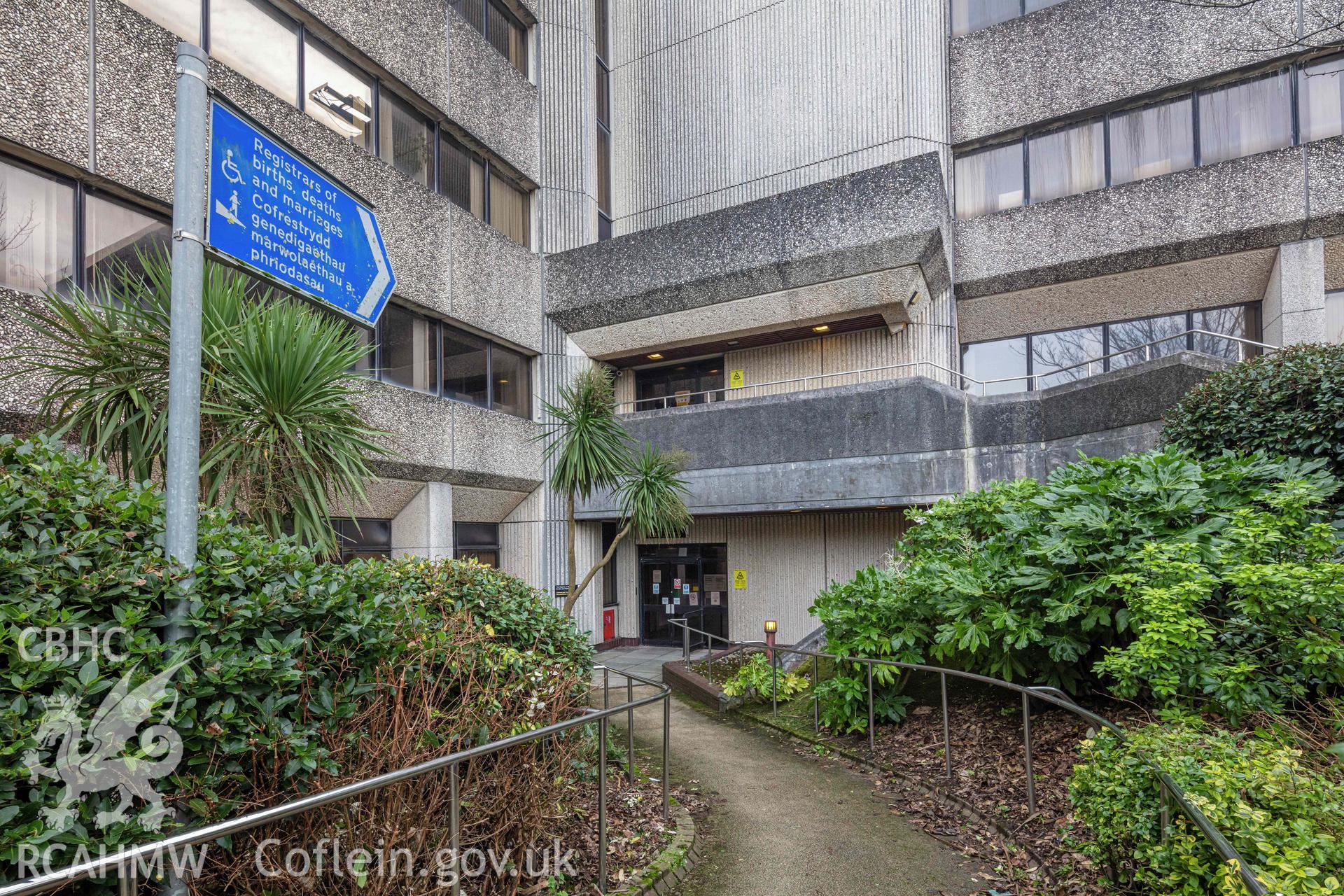 Digital colour photograph showing external view of Swansea Civic Centre taken by Derek Phillips for RCAHMW in 2022 - North Wing Registry.