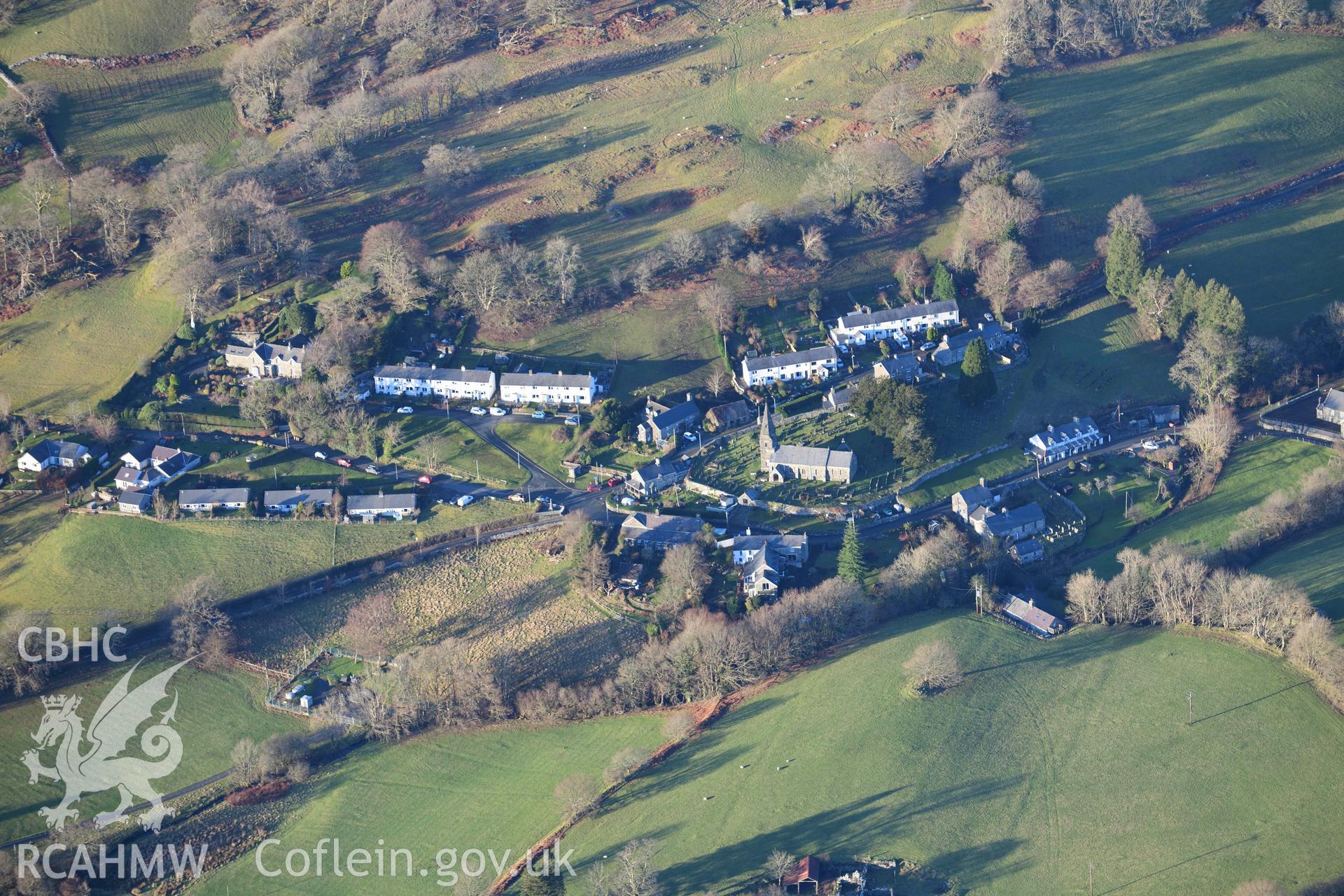 Oblique aerial photograph of Llanfachreth taken during the Royal Commission’s programme of archaeological aerial reconnaissance by Toby Driver on 17th January 2022