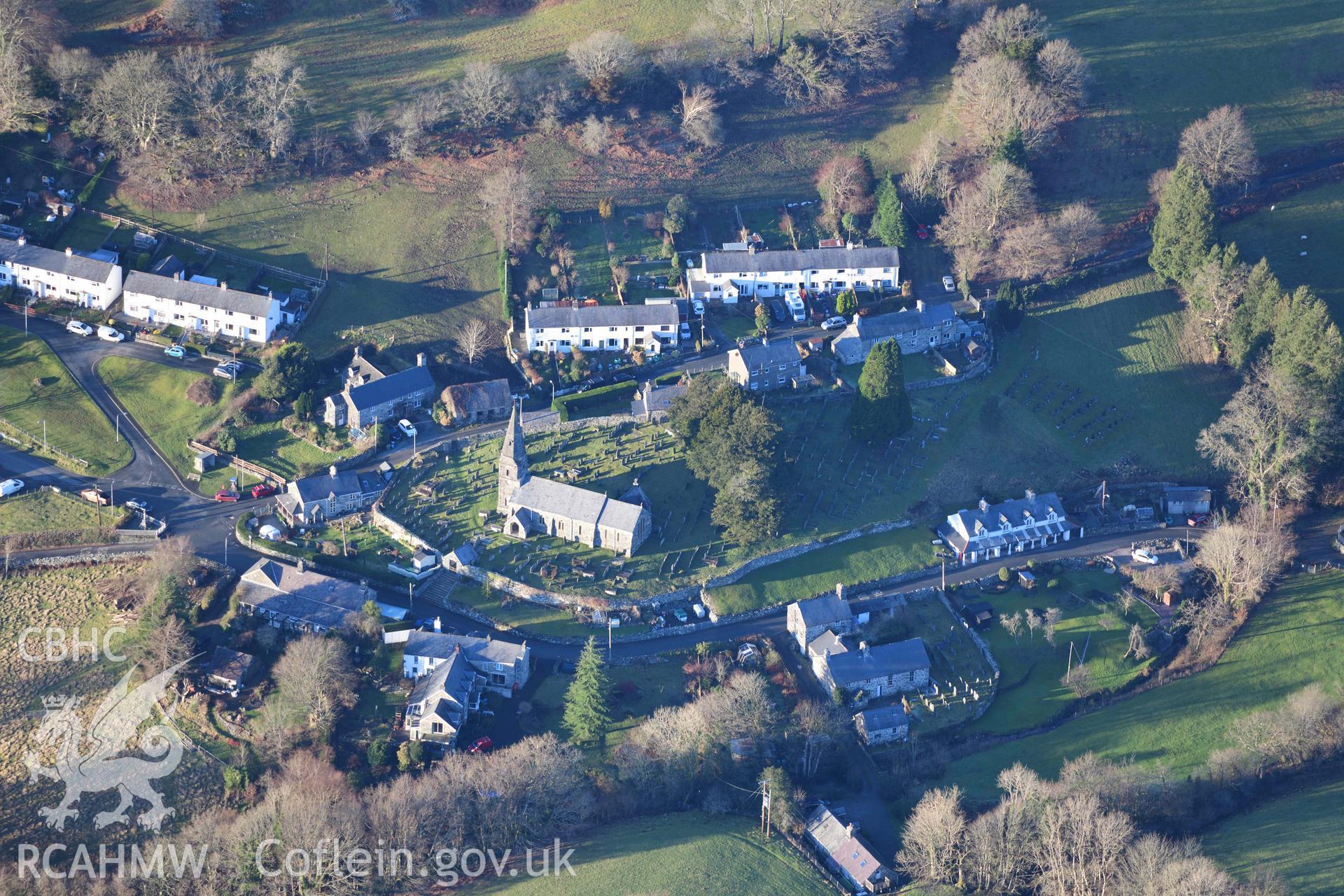 Oblique aerial photograph of Llanfachreth taken during the Royal Commission’s programme of archaeological aerial reconnaissance by Toby Driver on 17th January 2022