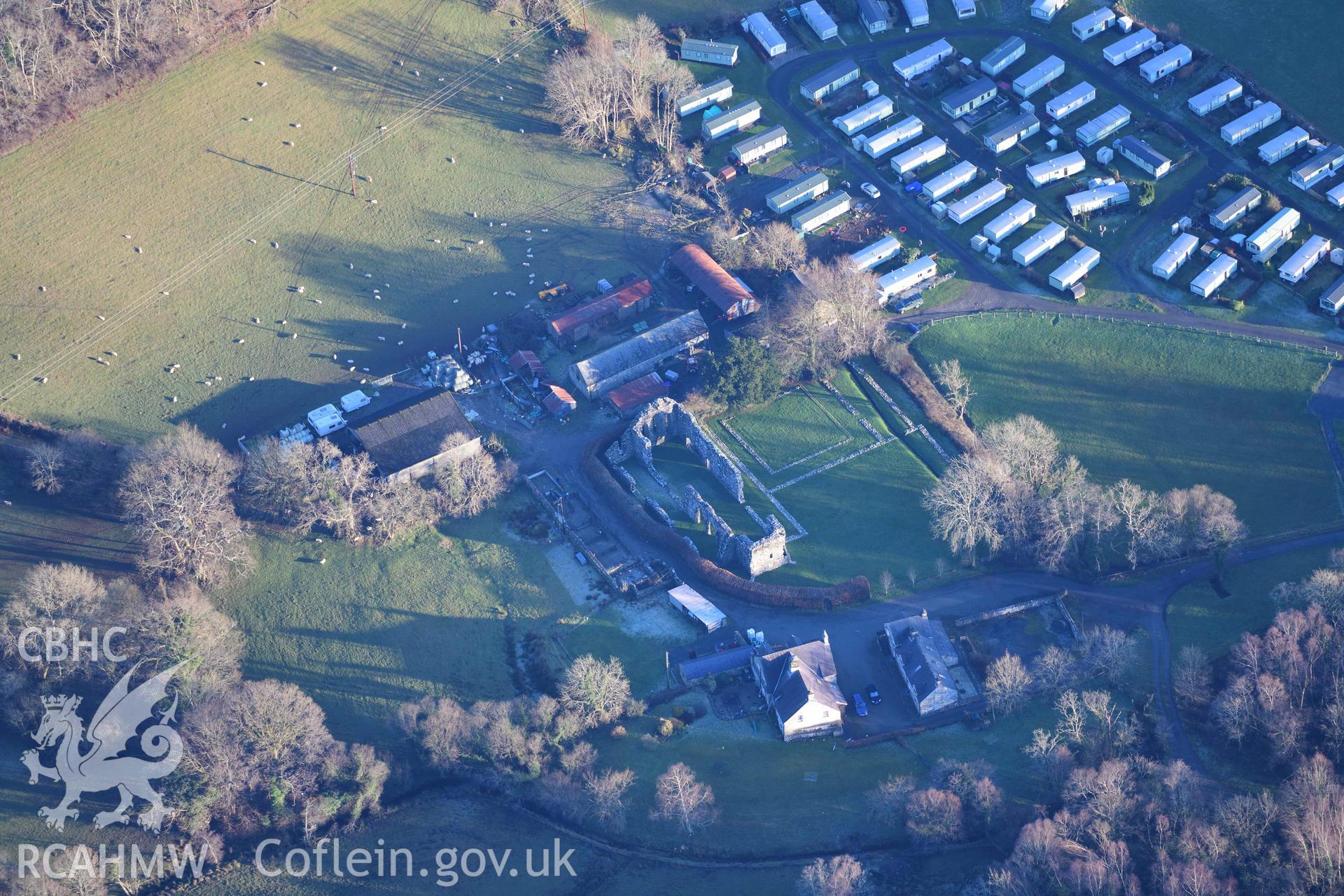 Oblique aerial photograph of Cymmer Abbey taken during the Royal Commission’s programme of archaeological aerial reconnaissance by Toby Driver on 17th January 2022