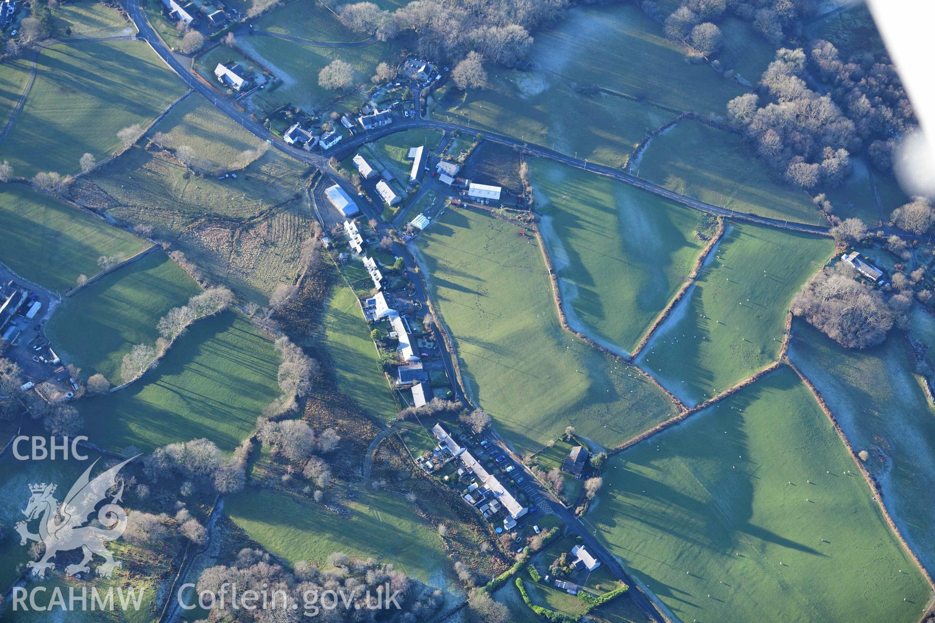 Oblique aerial photograph of Brithdir Roman fort in winter light. Taken during the Royal Commission’s programme of archaeological aerial reconnaissance by Toby Driver on 17th January 2022