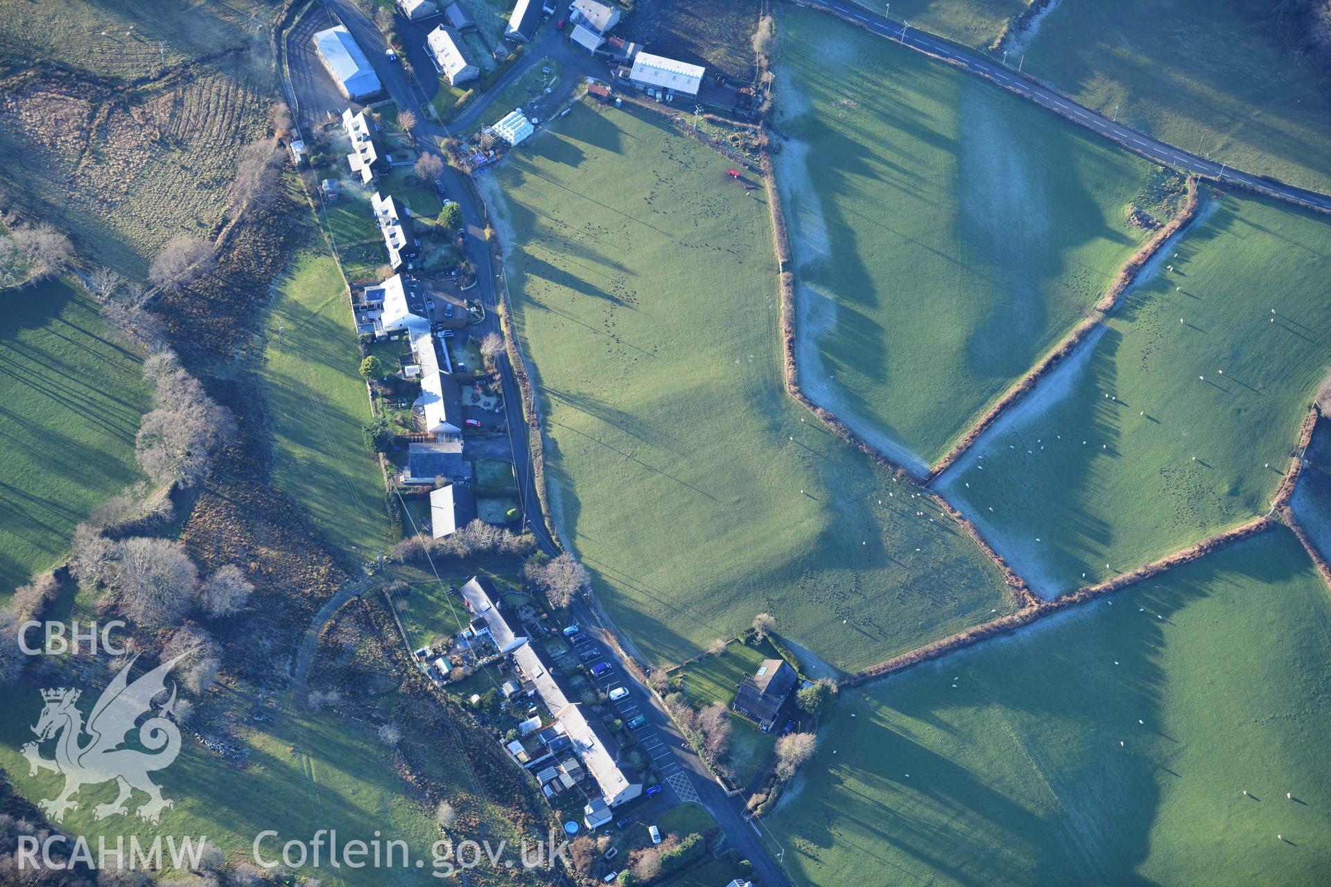 Oblique aerial photograph of Brithdir Roman fort in winter light. Taken during the Royal Commission’s programme of archaeological aerial reconnaissance by Toby Driver on 17th January 2022