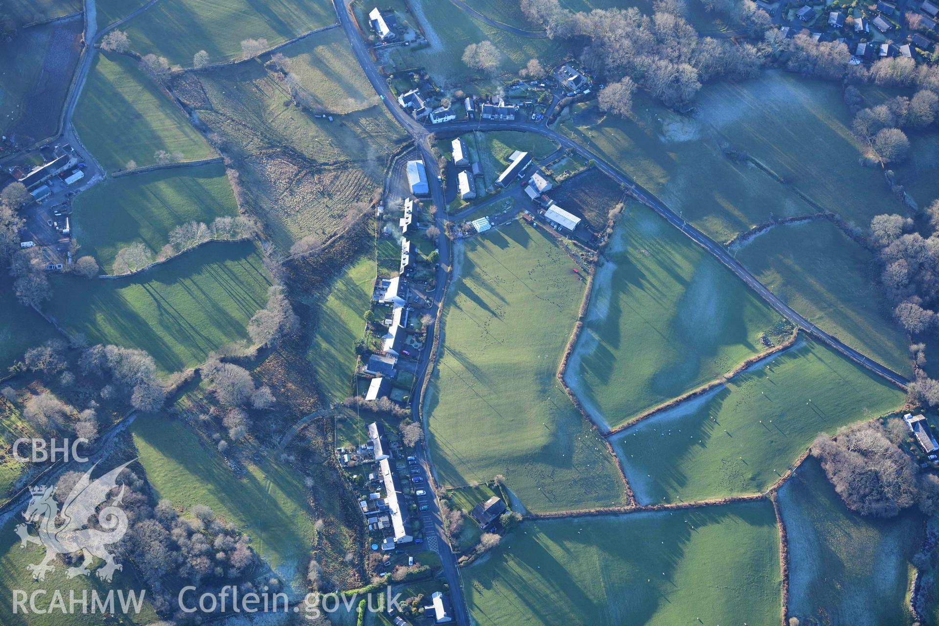 Oblique aerial photograph of Brithdir Roman fort in winter light. Taken during the Royal Commission’s programme of archaeological aerial reconnaissance by Toby Driver on 17th January 2022