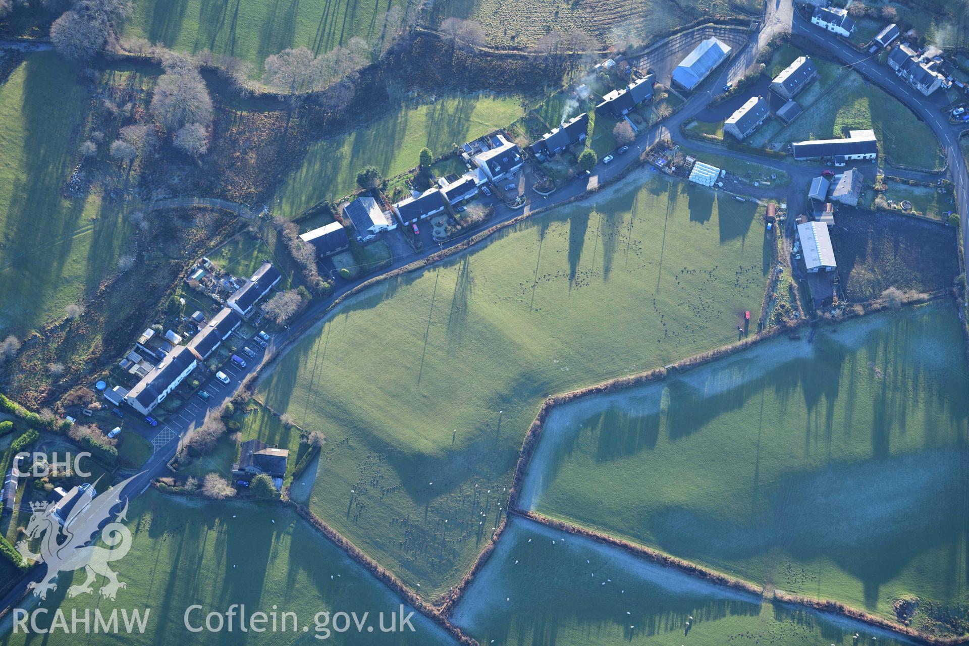 Oblique aerial photograph of Brithdir Roman fort in winter light. Taken during the Royal Commission’s programme of archaeological aerial reconnaissance by Toby Driver on 17th January 2022