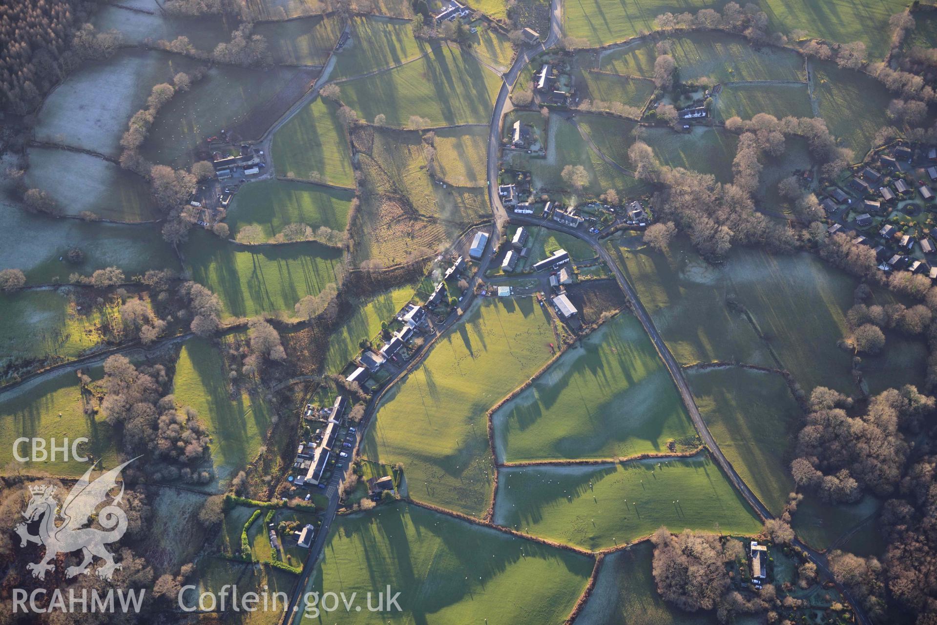 Oblique aerial photograph of Brithdir Roman fort in winter light. Taken during the Royal Commission’s programme of archaeological aerial reconnaissance by Toby Driver on 17th January 2022