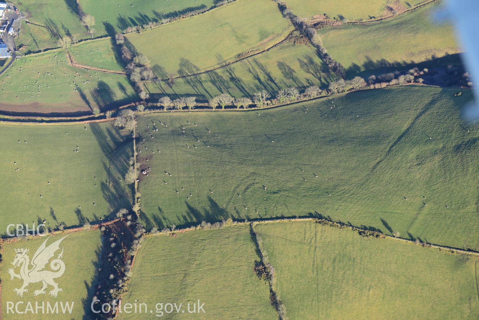 Oblique aerial photograph showing detail of prehistoric earthworks at SN525591, Castell Perthi Mawr. Taken during the Royal Commission’s programme of archaeological aerial reconnaissance by Toby Driver on 17th January 2022