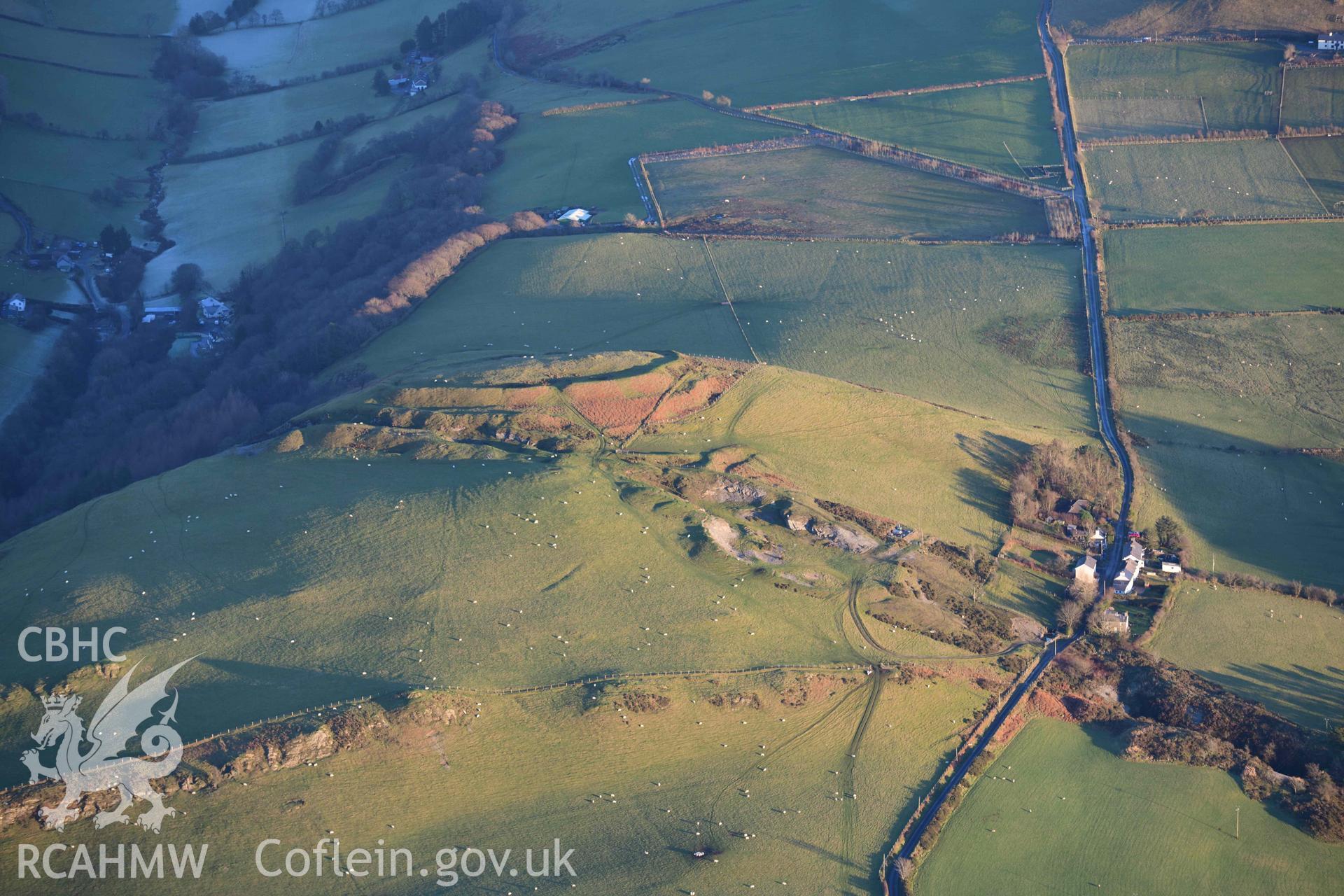Oblique aerial photograph showing view of Darren Camp from the west. Taken during the Royal Commission’s programme of archaeological aerial reconnaissance by Toby Driver on 17th January 2022