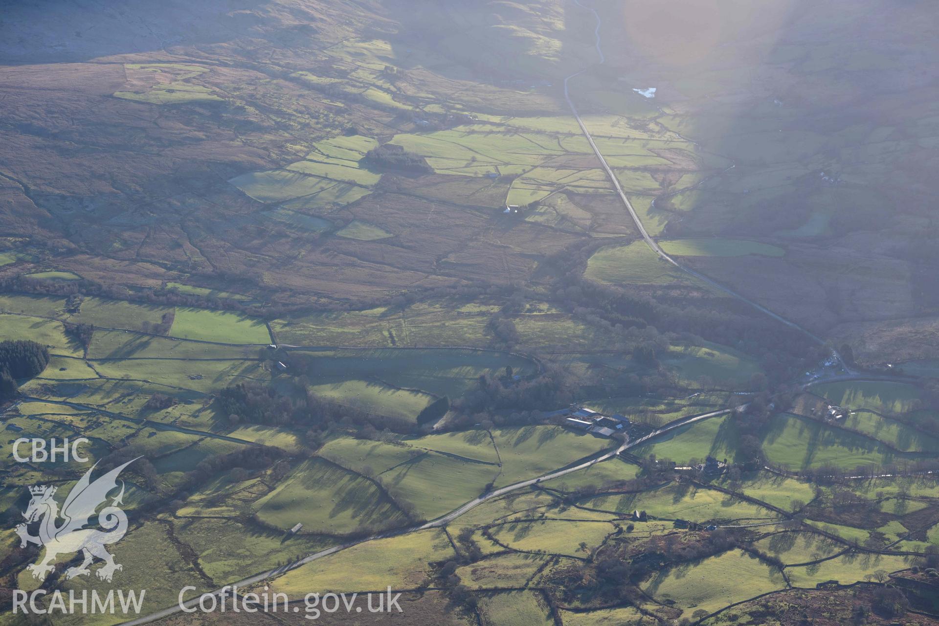 Oblique aerial photograph showing view from the north of Gwanas Fawr Roman marching camp taken during the Royal Commission’s programme of archaeological aerial reconnaissance by Toby Driver on 17th January 2022