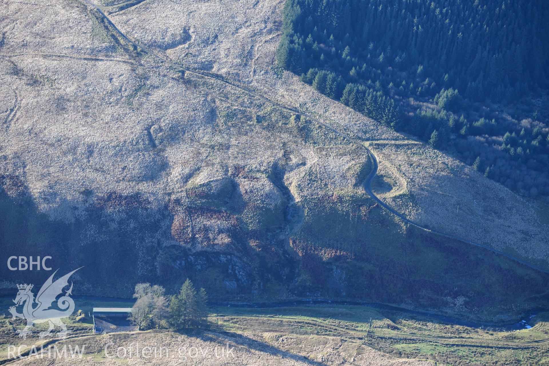 Oblique aerial photograph of cultivation features at Lluest Dolgwiail taken during the Royal Commission’s programme of archaeological aerial reconnaissance by Toby Driver on 17th January 2022