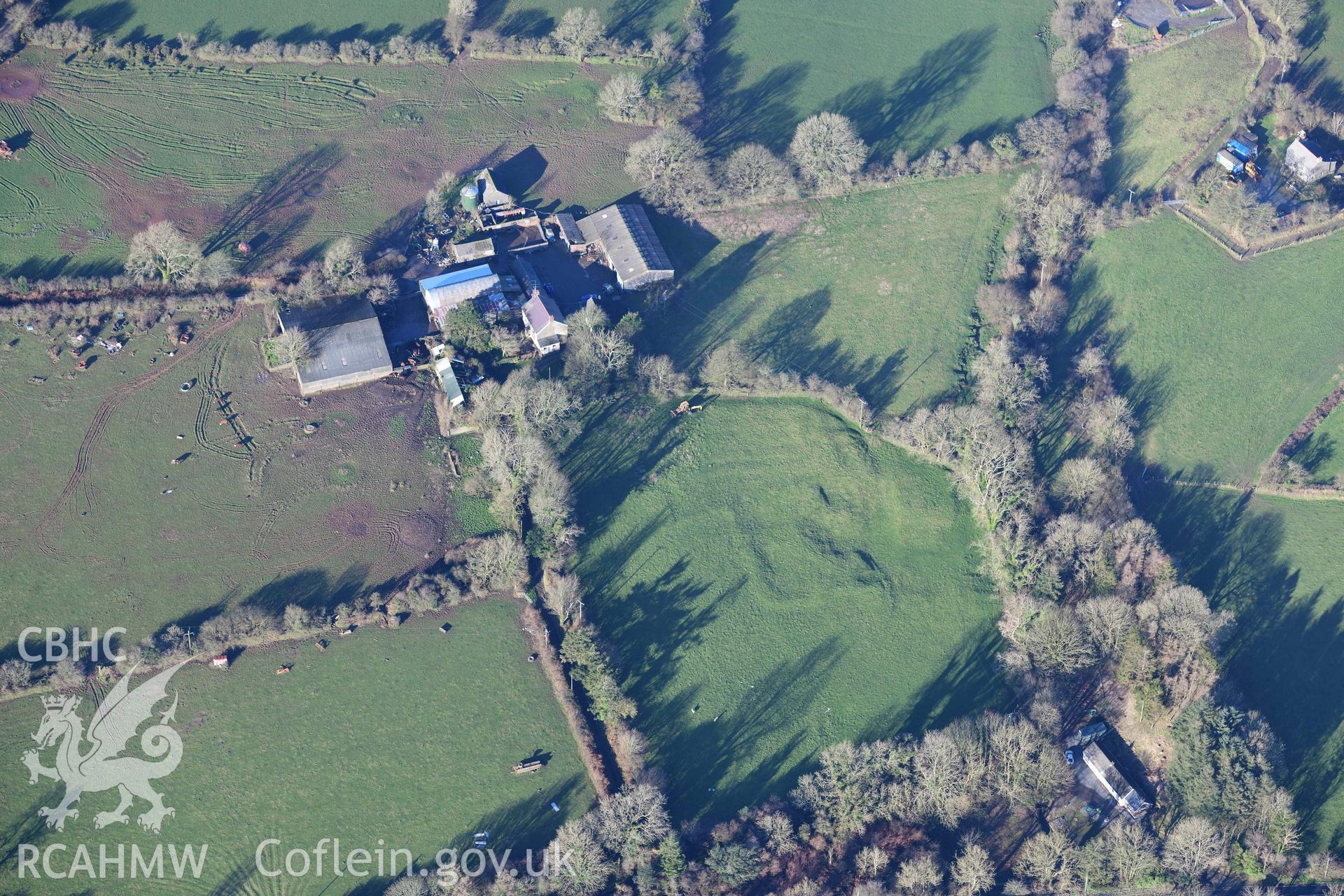 Oblique aerial photograph of Blaen y Rangell deserted rural settlement taken during the Royal Commission’s programme of archaeological aerial reconnaissance by Toby Driver on 17th January 2022