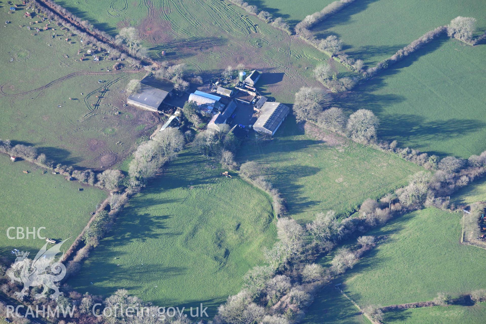 Oblique aerial photograph of Blaen y Rangell deserted rural settlement taken during the Royal Commission’s programme of archaeological aerial reconnaissance by Toby Driver on 17th January 2022