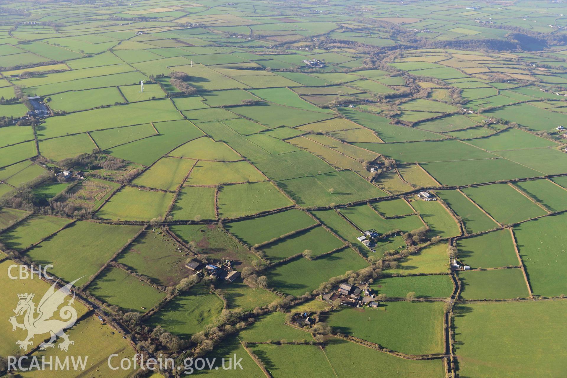 Oblique aerial photograph of Blaen y Rangell deserted rural settlement taken during the Royal Commission’s programme of archaeological aerial reconnaissance by Toby Driver on 17th January 2022